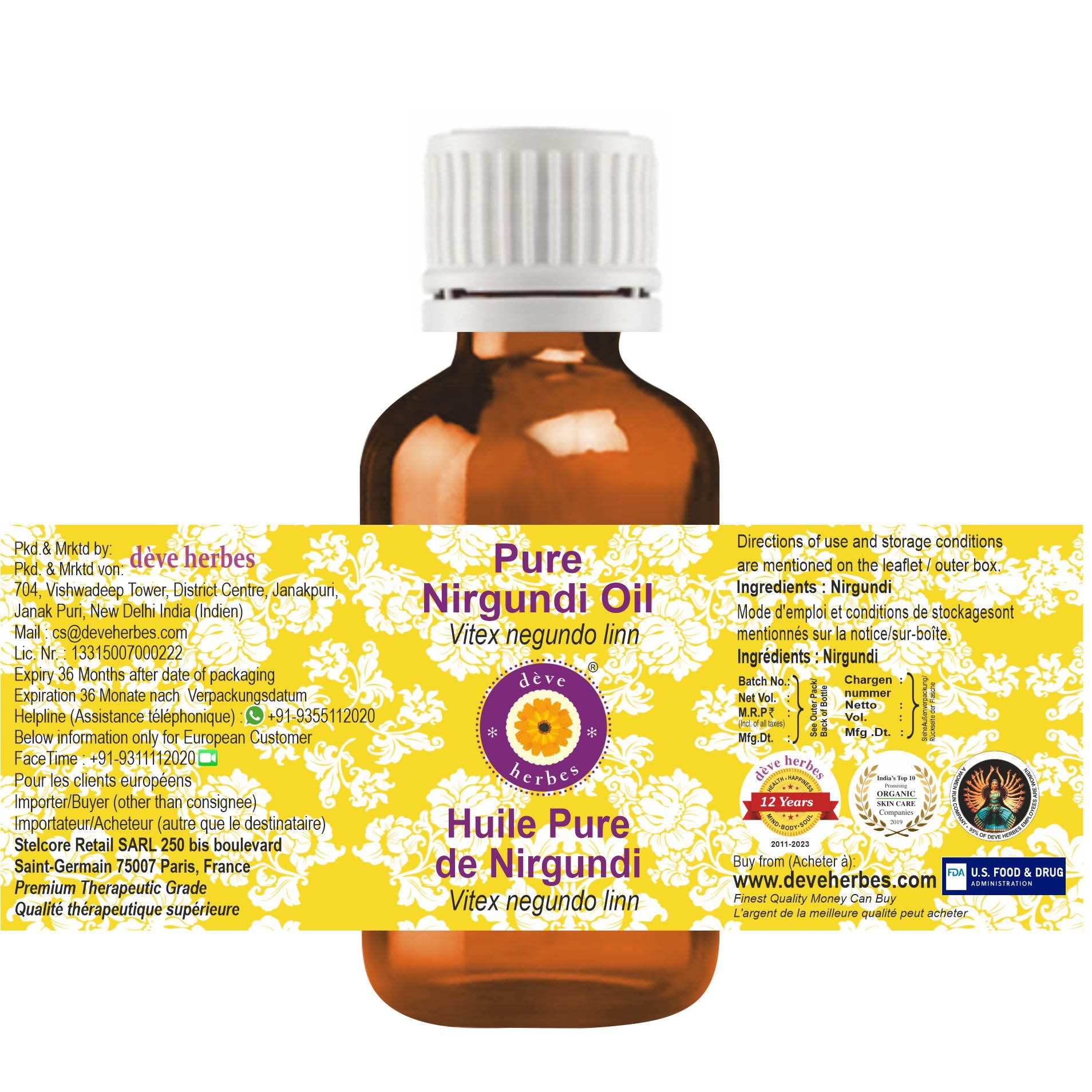 Deve Herbes puro Olio Nirgundi (Vitex negundo linn) qualità terapeutica naturale 30ml (1 oz)