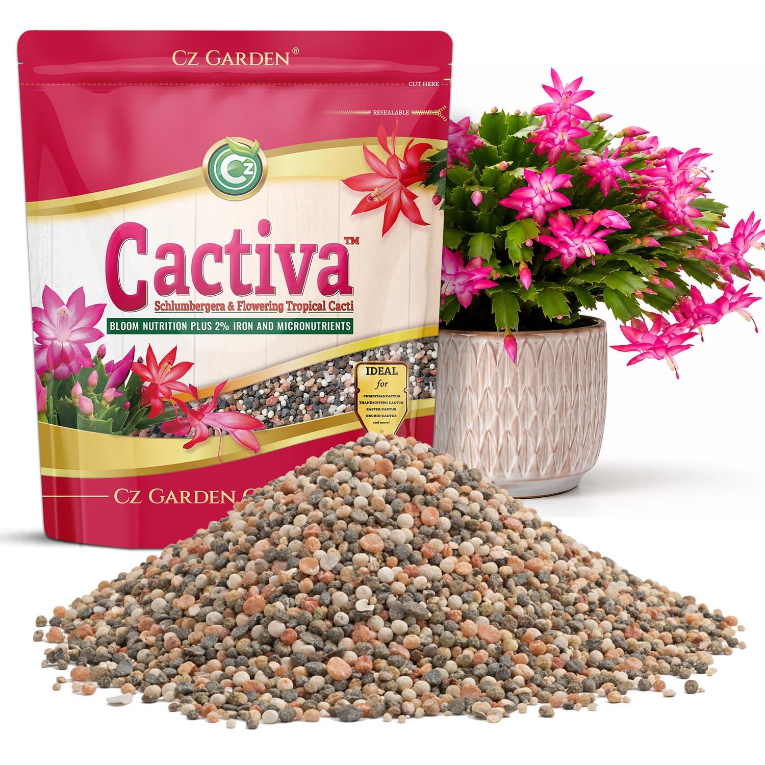Cactiva™ Christmas Cactus Fertilizer - Made in USA - 2% Iron Bloom Nutrition for Schlumbergera, Thanksgiving, Easter & Orchid Cactus