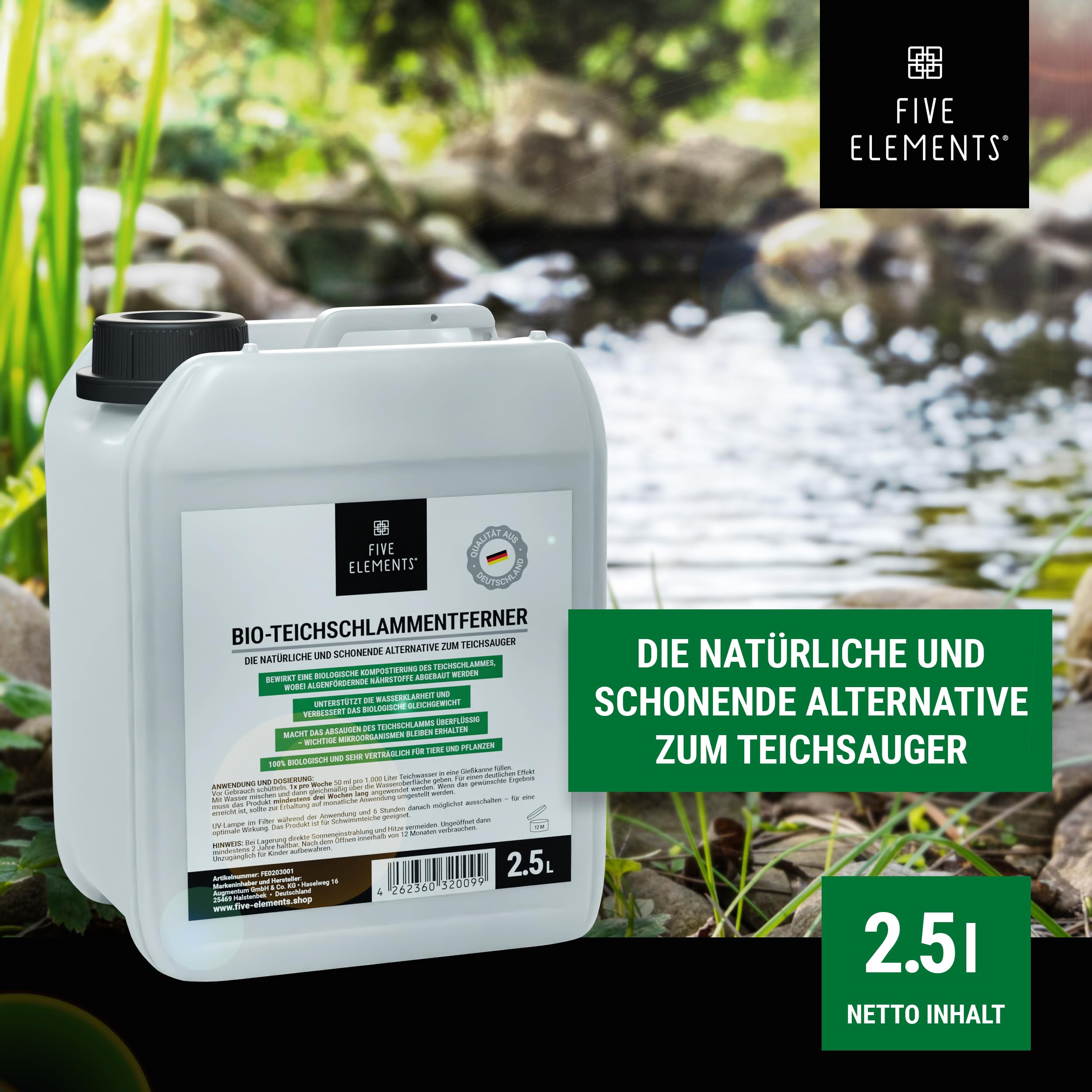 FIVE ELEMENTS Bio-Teichschlammentferner | 2,5 L | ideal für Frühjahr | 2026: Verbesserte Wirkung | Teichwasser-Klärung | flüssig