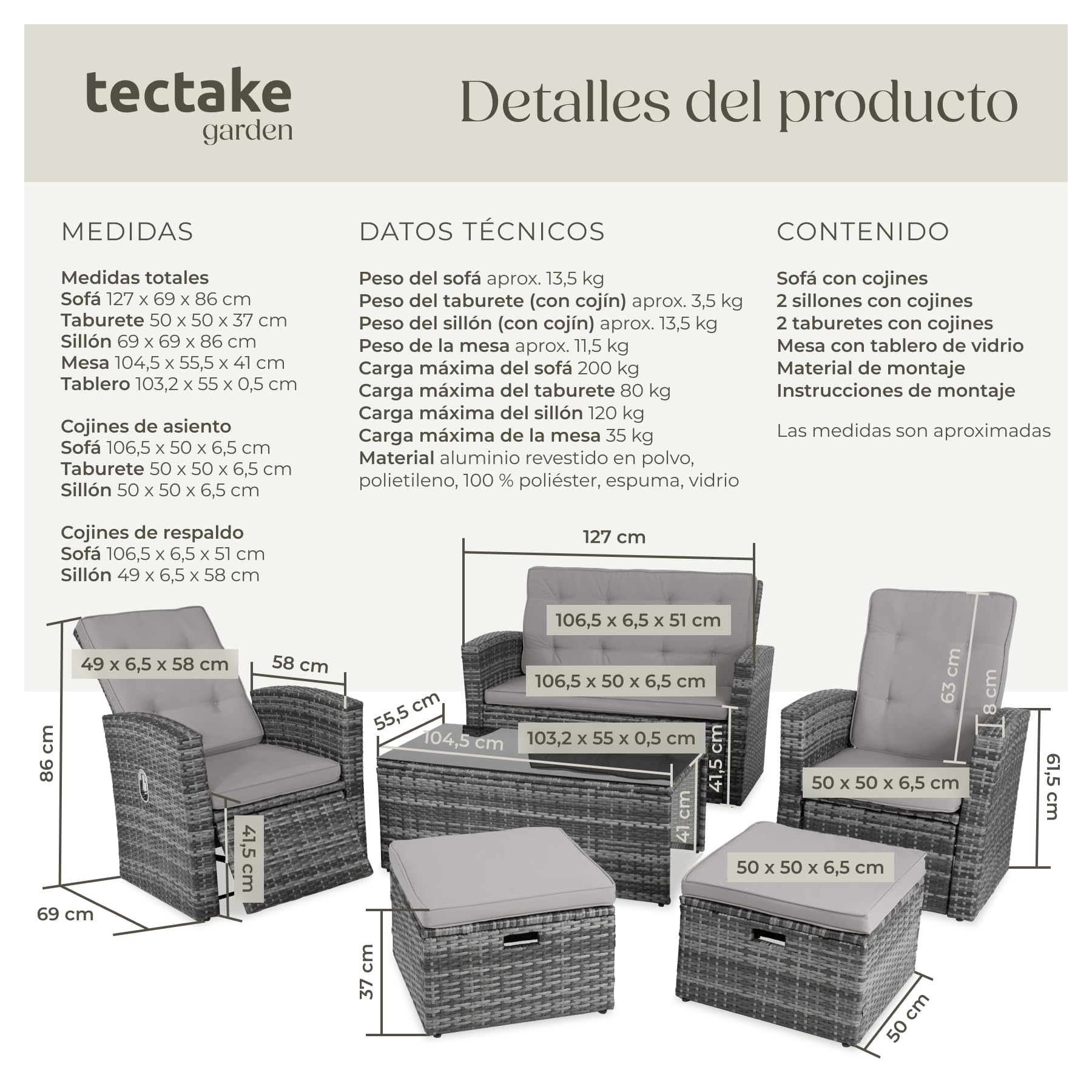 tectake® Conjunto Jardín de Ratán con Pies y Respaldo Ajustable, Muebles Jardín Exterior 1 Sofá, 2 Sillones, 2 Taburetes, 1 Mesa con Cristal, Conjunto Terraza con Cojines y Fundas Extraíbles - Negro