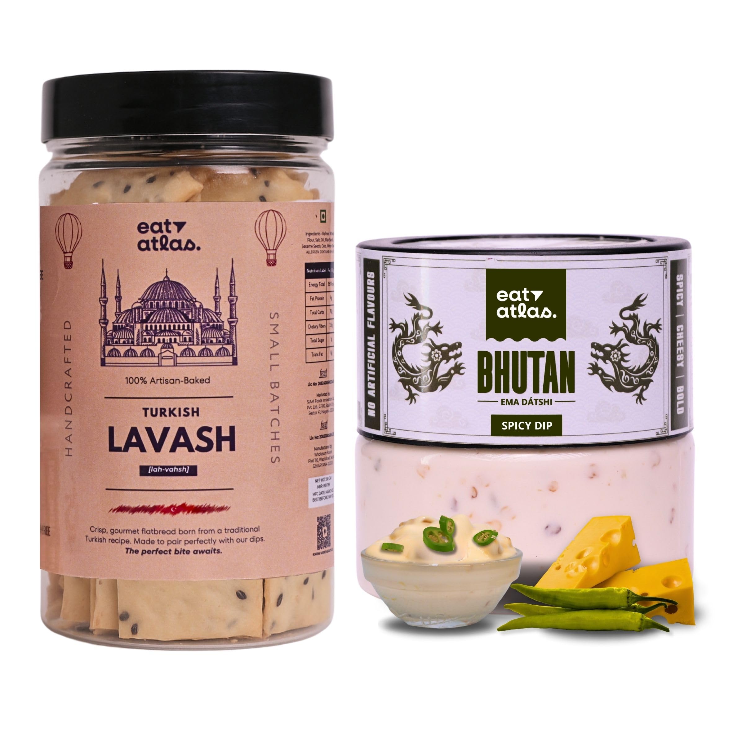 Eat Atlas Ema Datshi With Lavash Chips | Bhutanese Dip, Cheesy & Spicy, Paired With Crispy Lavash Chips | Ready-to-eat (Paired Combo) (200 gms dip) (60 gms lavash)
