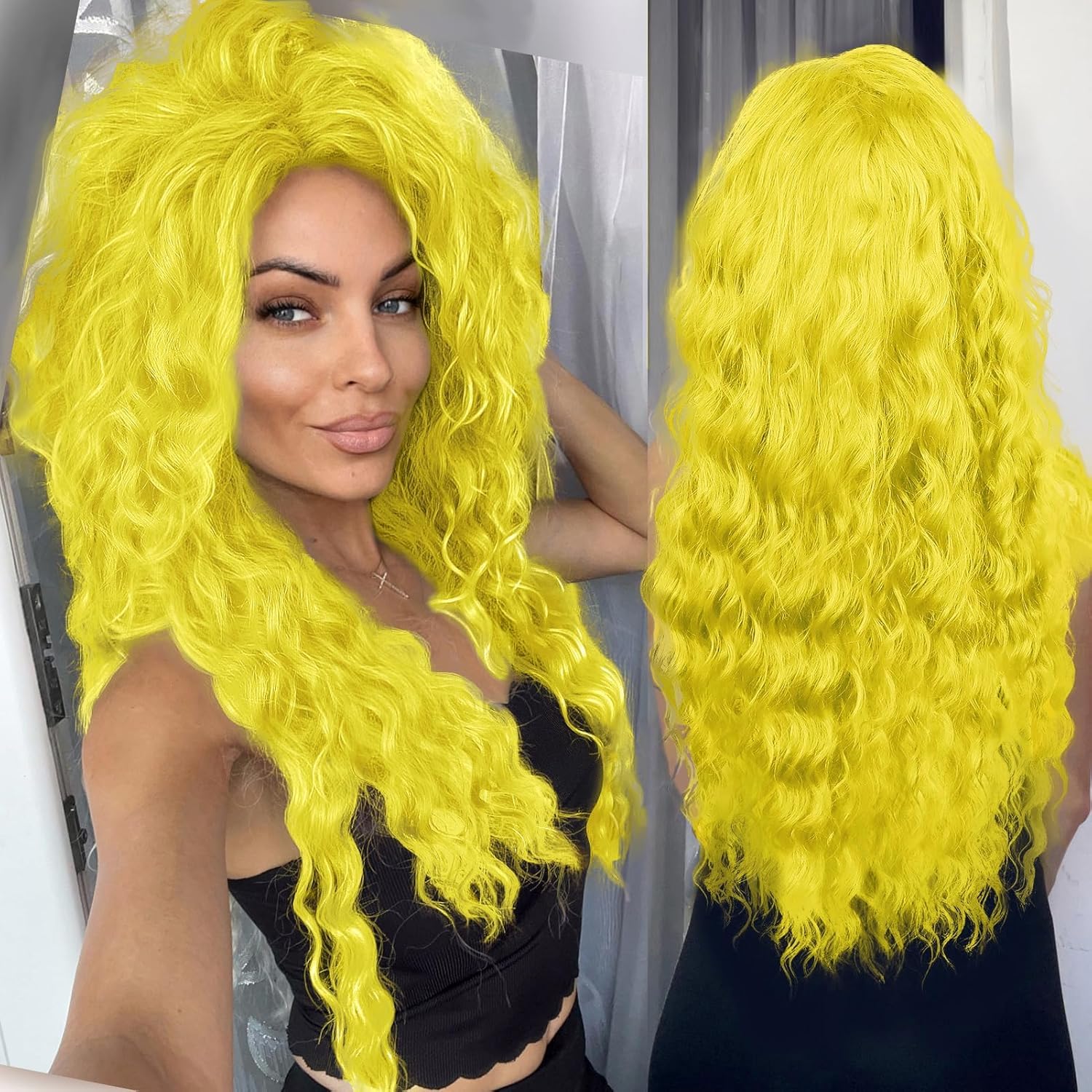 GNIMEGIL Yellow Wigs For Women 28 inches Long Curly Wavy Wig Free Part Hairline Perfect For Halloween Smurfette Costume Cosplay Synthetic Fiber Body Wave Lemon Meringue Color