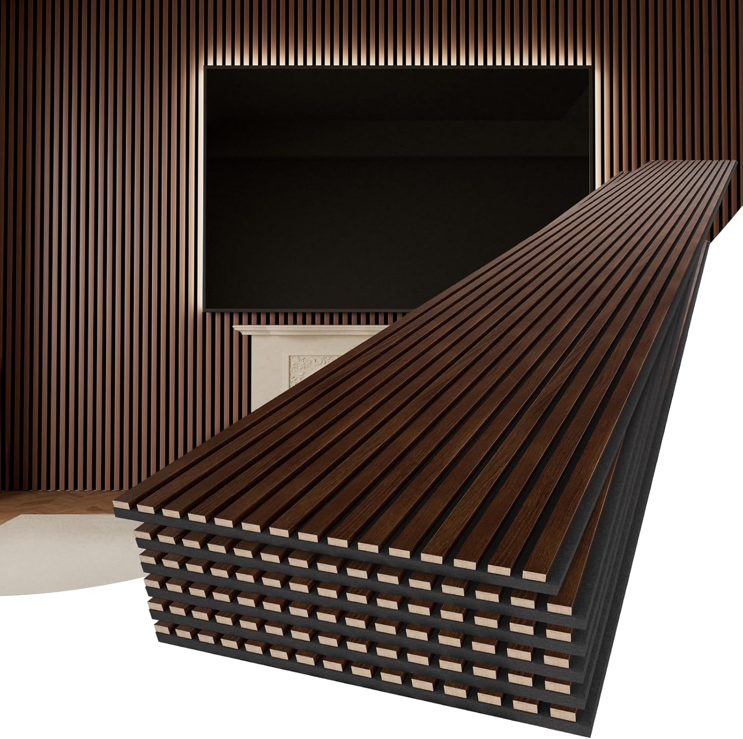 PrimeZone Wood Acoustic Wall Panels - 6 PCS 94.5" x 23.6" (93 sq ft) 3D Fluted Slat Sound Proof Wall Paneling, Sound Absorbing & Noise Reduction Interior Decor Panels for Living Room, Bedroom, Walnut