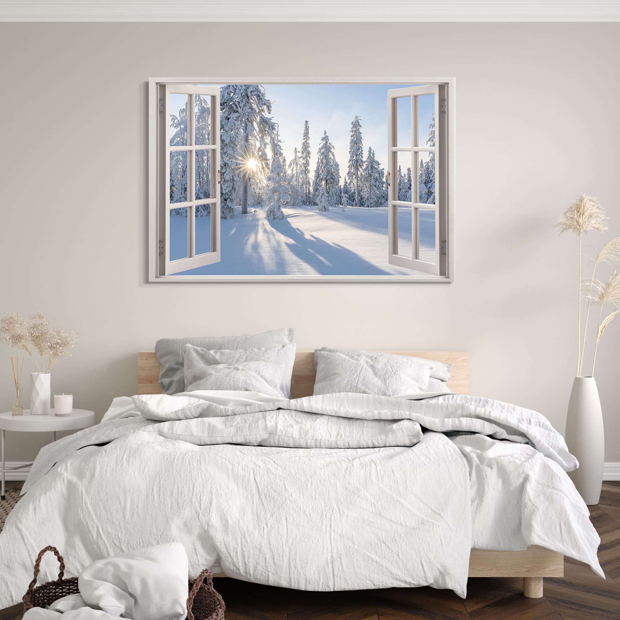 Bilder Fensterblick 120x80cm Baumwoll-Leinwand auf Keilrahmen mit Aufhänger moderner Kunstdruck XXL Wandbilder Wand-Dekoration Winter Landschaft Bäume Wald Sonne Natur - Natur-Fotografie