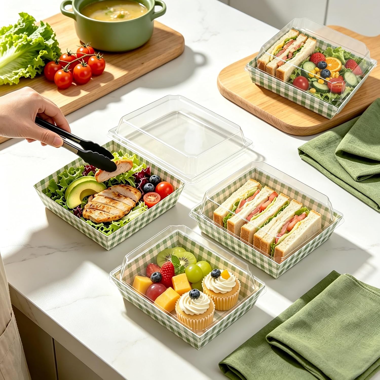 AnyDesign 50 Set Sage Green Gingham Small Charcuterie Boxes with Clear Lids Disposable Bakery Treat Boxes Food Containers for Sandwich Cookie Dessert Wedding Picnic Holiday Party Gift Giving