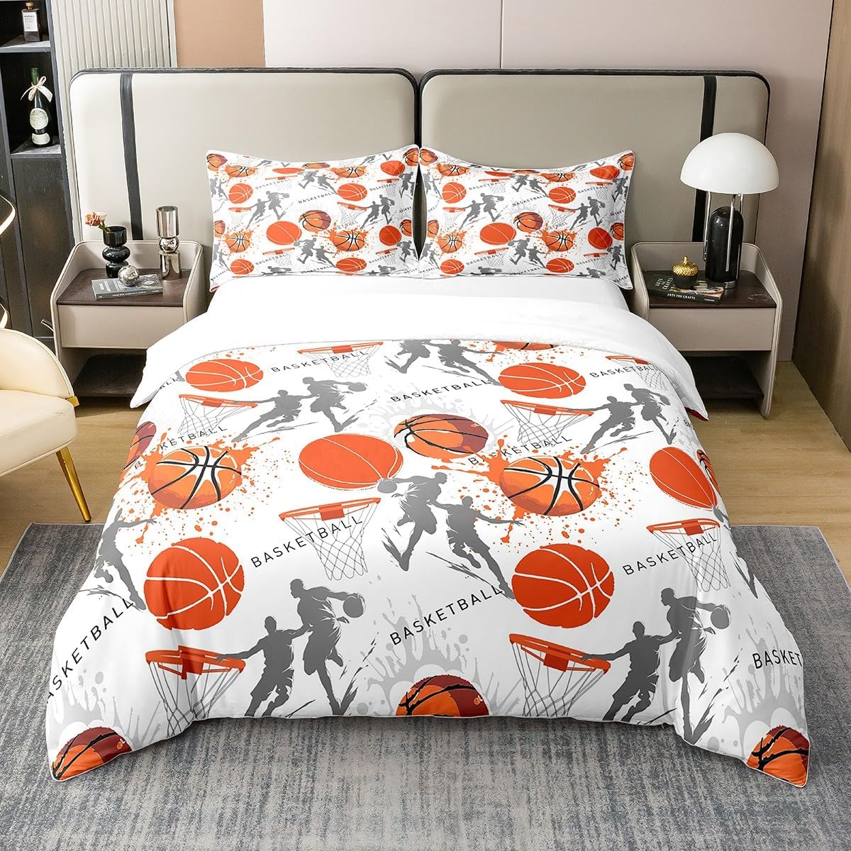 Cartoon Basketball 100% Cotton Duvet Cover Orange Gray Street Art Graffiti Hippie Bedding Set for Kids Boys Teens Extreme Sports Competition Style Comforter Cover with 2 Pillowcases(No Comforter)Queen