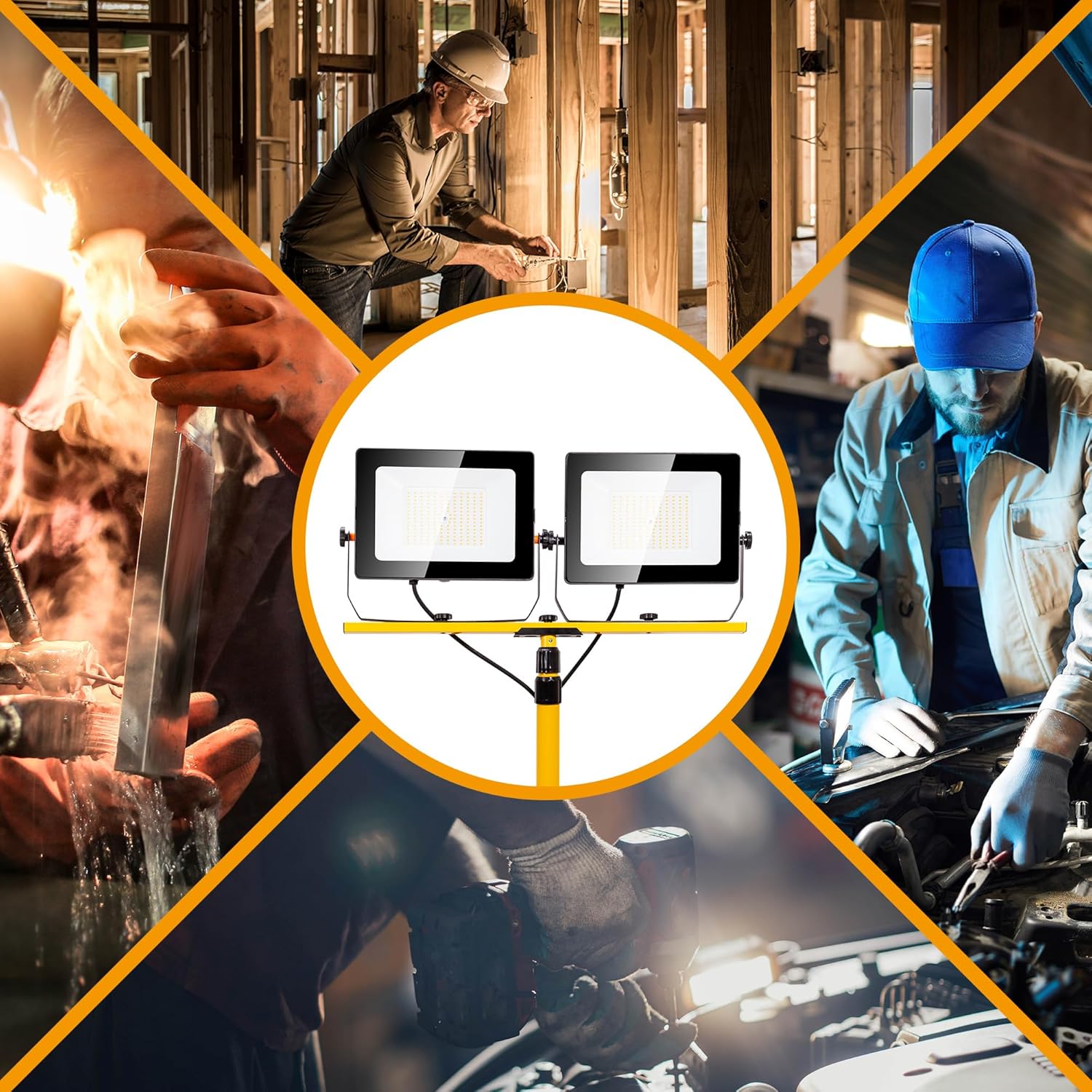 20000 Lumen Work Lights with Stand, 200W Dual Head LED Work Light, Waterproof Lamp with Individual Switch, Adjustable Metal Telescoping Tripod