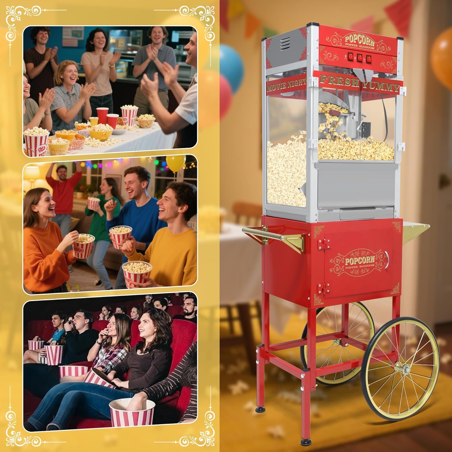 Commercial Popcorn Machine with Cart & Wheels 丨 Popcorn Maker with 22OZ Stainless Steel Kettle丨 Pop corn Machine Maker for Home, Theater, Parties, Red