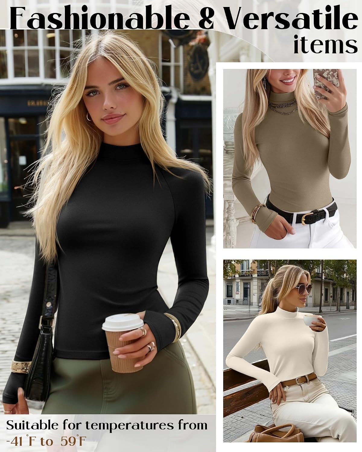 3 Pack Women's Thermal Mock Turtleneck Tops Long Sleeve Shirts Fleece Lined Undershirt with Thumb Hole Fall Winter