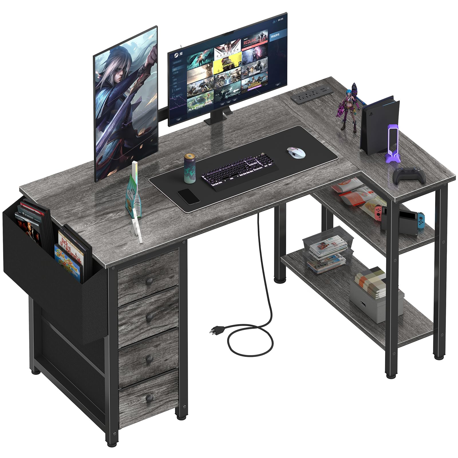 lufeiya l shaped computer desk with drawers & storage shelves, 47 inch small corner desk with power outlet for home office bedroom, l-shaped gaming pc desks with fabric drawer, gray