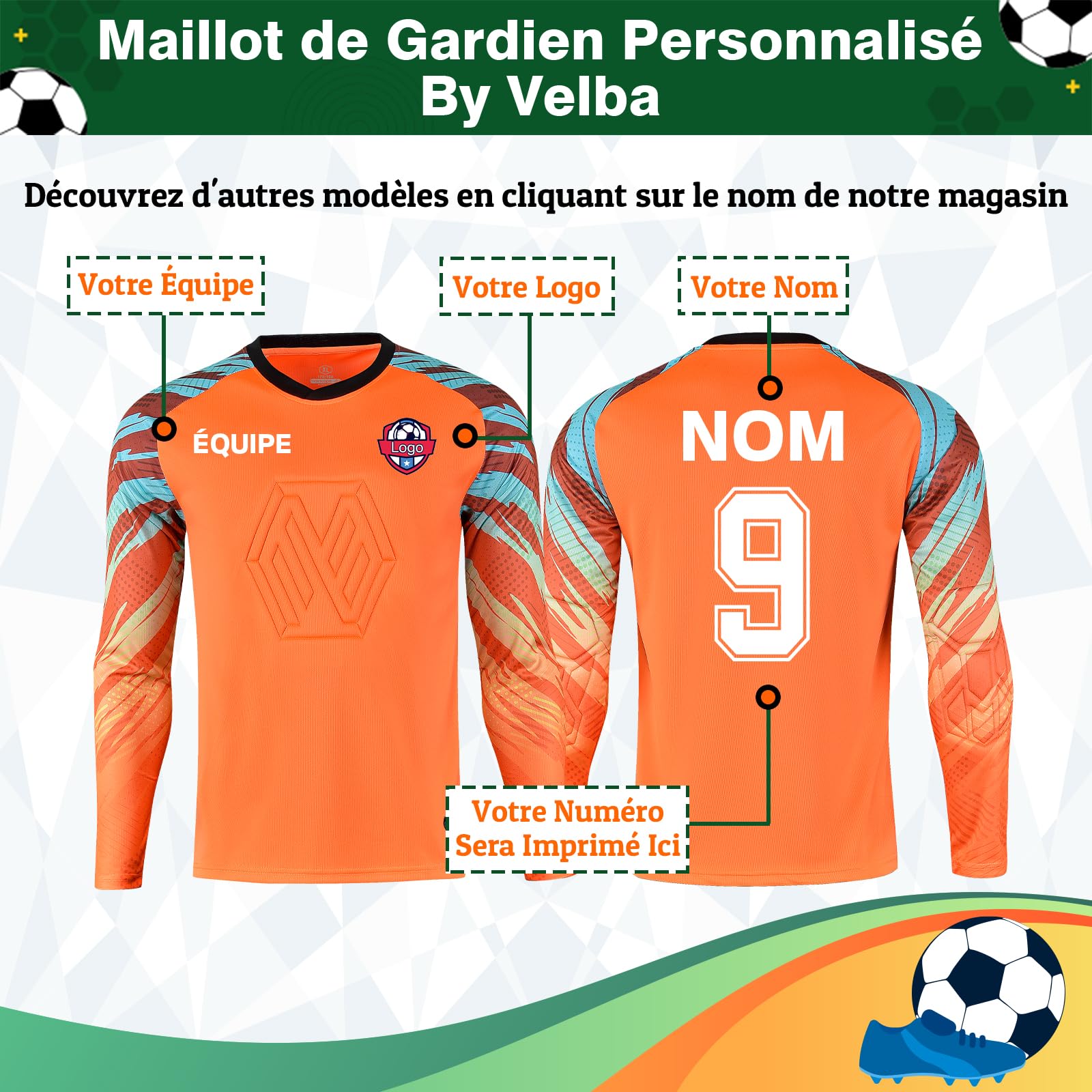 Maillot de Gardien de But personnalisé - Nom & numéro imprimés | Maillot Gardien Respirant de qualité supérieure