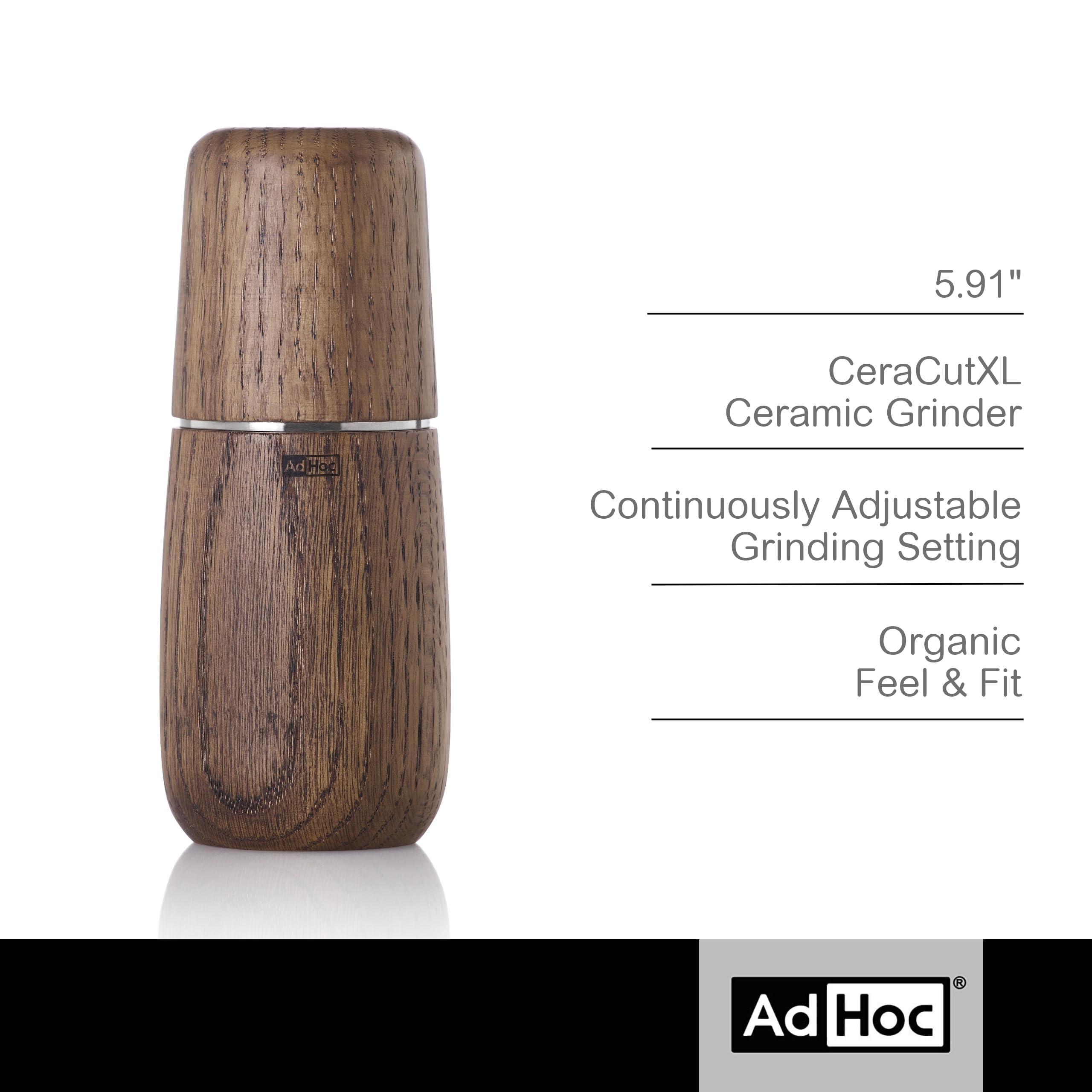 AdHoc Yono młynek do przypraw 15 cm – ręczny młynek z drewna dębowego, olejowany (ciemny) – ceramiczny mechanizm mielący płynnie regulowany – młynek do drewna premium do soli i pieprzu – eleganckie