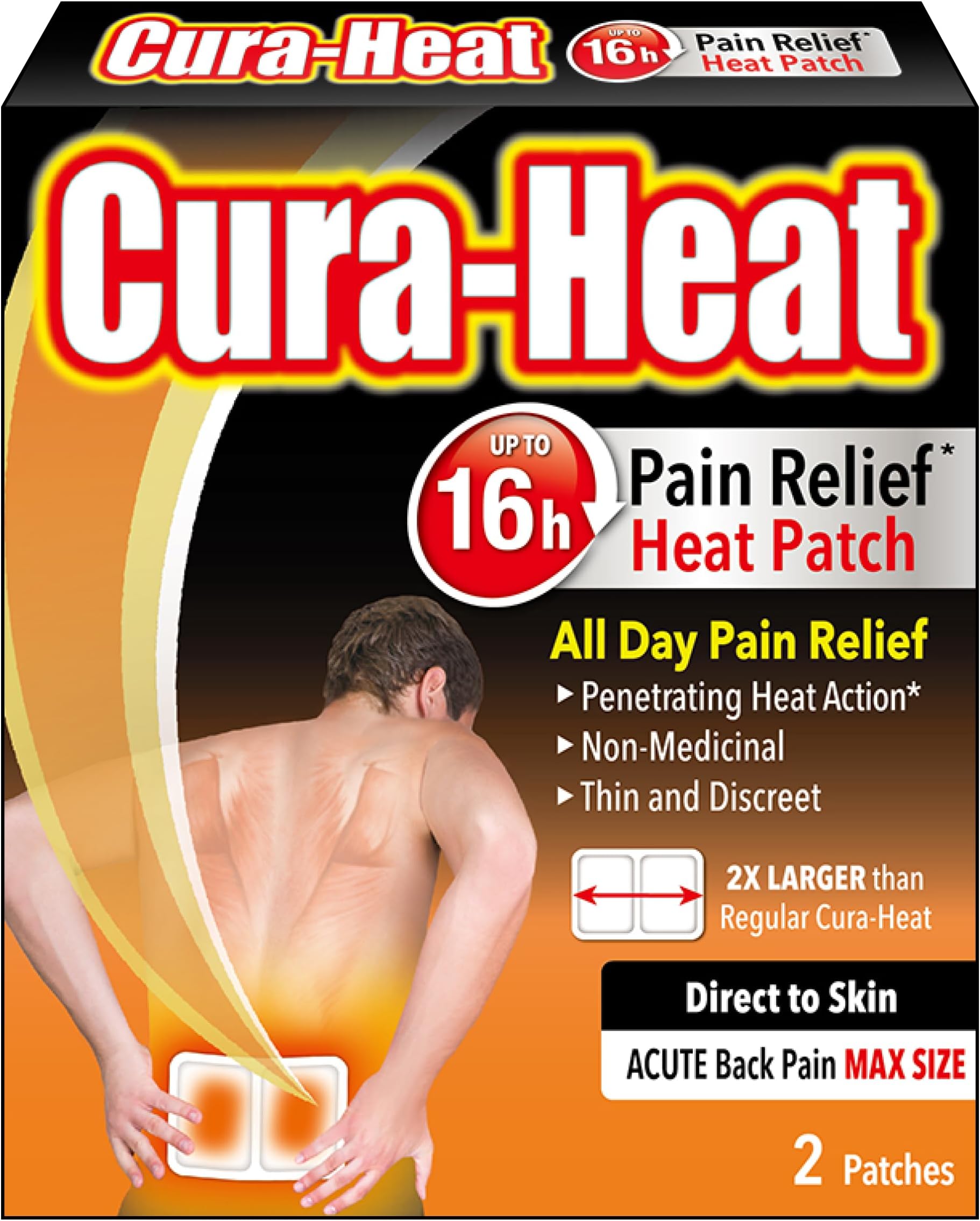 Cura-Heat Back Pain MAX size Direct-to-Skin, Pack of 2