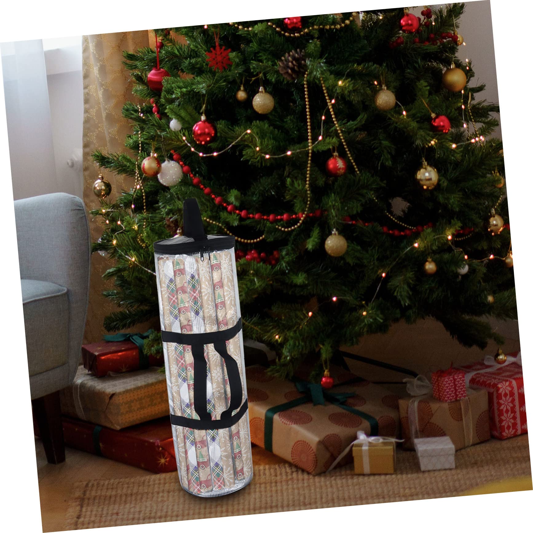 TOVINANNA Christmas Wrapping Paper Storage Organizer Transparent Container Zippered Top for under Bed Closet Wrap Holder for Holiday Decorations and Accessories