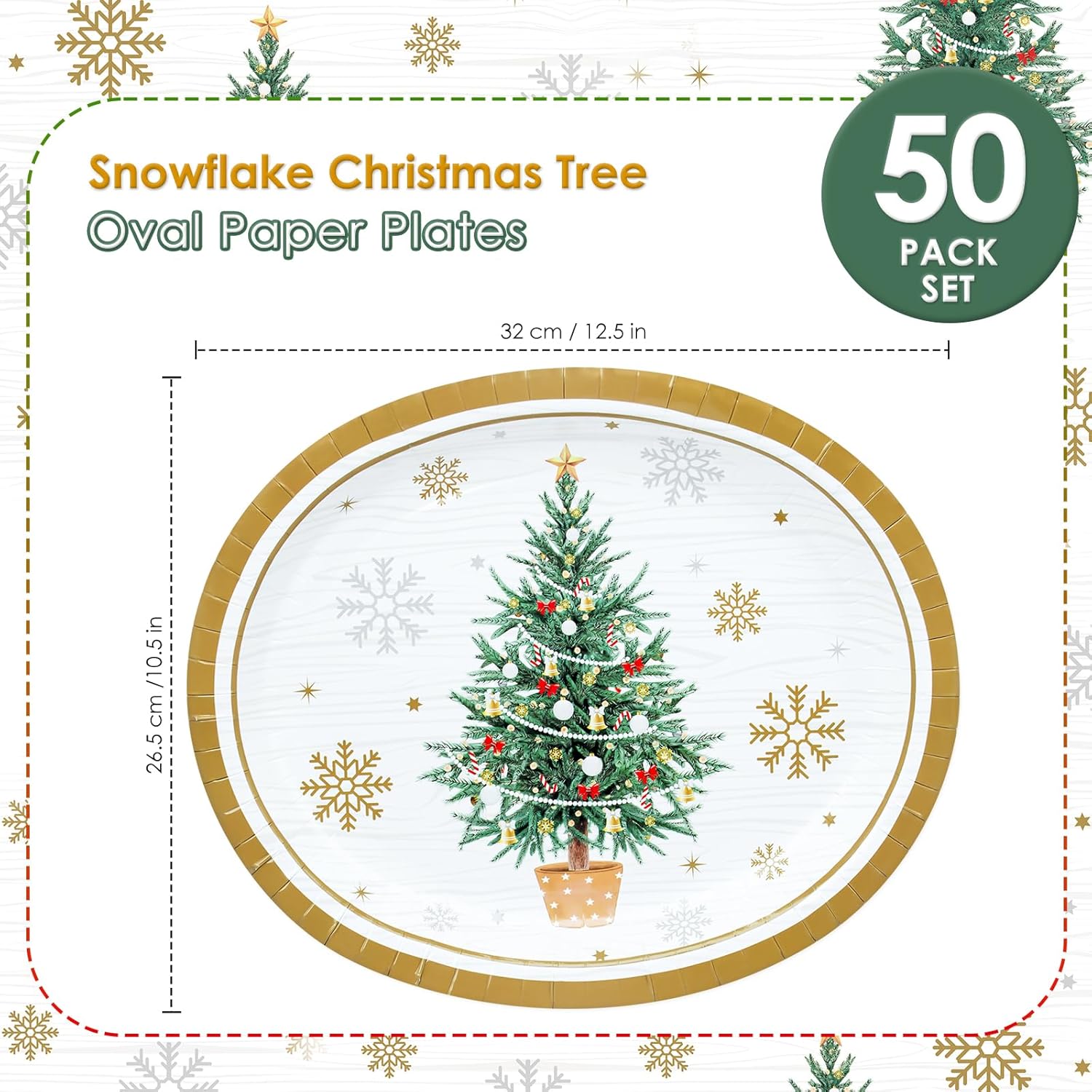 ZVK 12" Christmas Oval Paper Plates Set Disposable 50 Count Large Party Buffet Serve Plates for Holiday Xmas Dinnerware