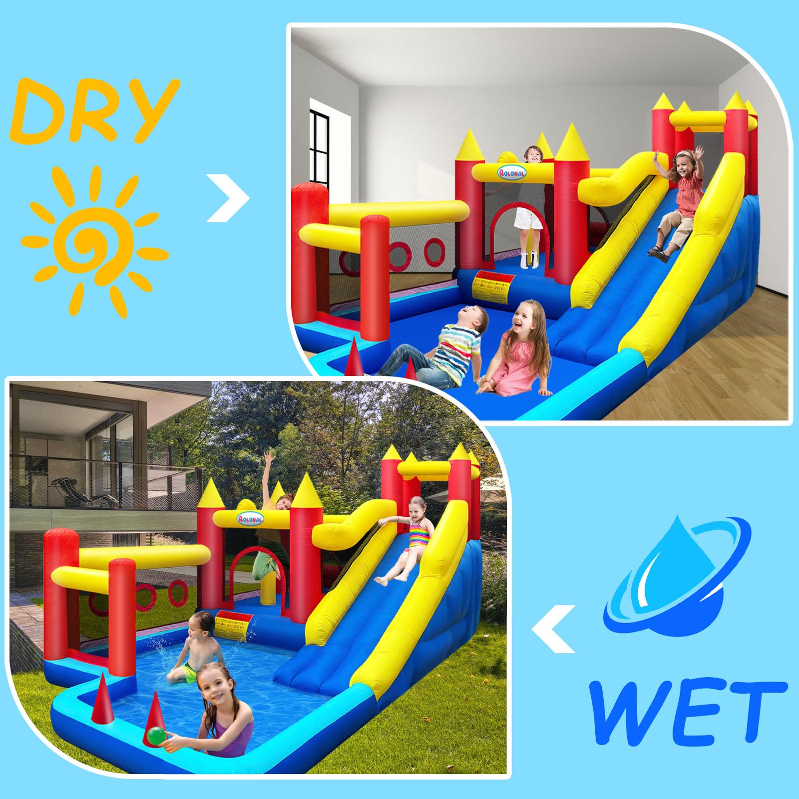 rolonal Bounce House,Inflatable Bouncer with Air Blower for Kids 3-10,Outdoor and Indoor Jumping Castle with Long Slide,Trampoline,Obstacles,Climbing Wall,Ball Pit/Water Pool