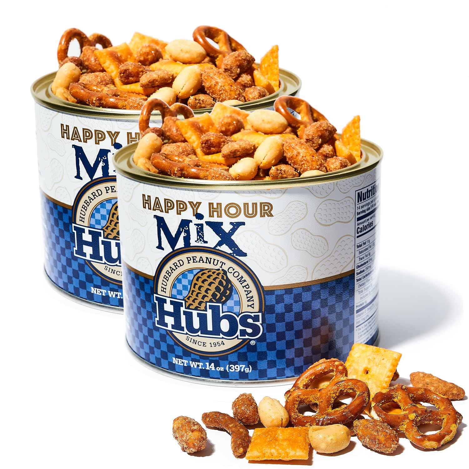 Hubs Peanuts Happy Hour Hubs (2 pack of 14 oz Can) - Delights Snack Mix for On-the-Go - Variety of Flavors - Premium Ingredients - Honey Roasted Peanuts, Cheese Crackers