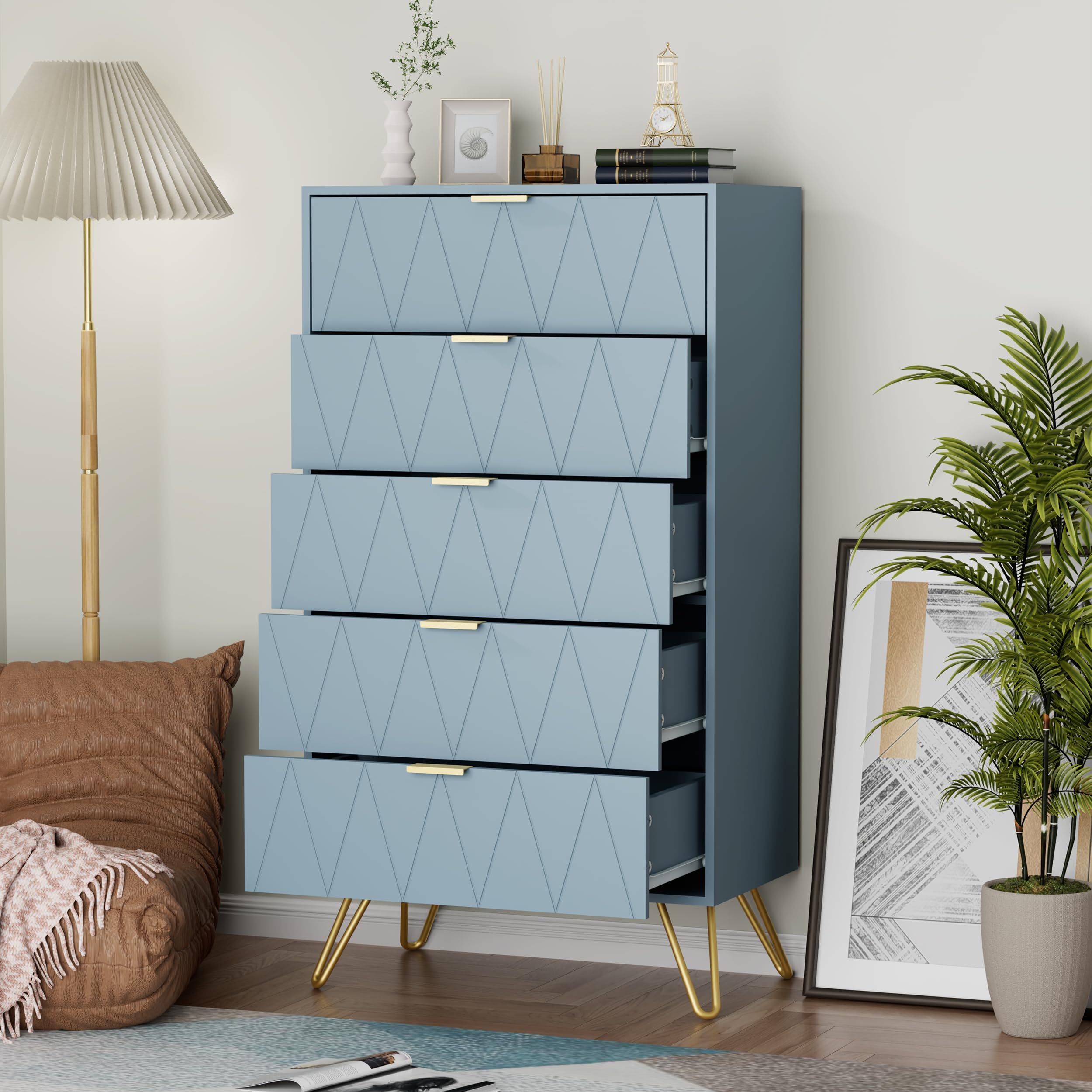 UEV Cassettiera a 5 Cassetti, Comò con Modello di linee di superficie in Legno Ingegnerizzato, con Maniglie e Gambe Dorate, per Soggiorno, Camera da Letto, Corridoio, 60 x 34 x 110 cm, Grigio-Blu