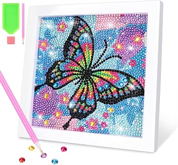 OWill 5D Diamond Painting Kit with Frame Butterfly Full Drill Gem Art Crafts Crystal Creations for BeginnersBlue