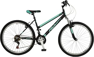 Falcon Vienne Womens' Mountain Bike Black/Teal, 17" inch steel frame, 18-speed Shimano rear derailleur and micro-shift rotational shifters strong and lightweight deep-section alloy wheel rims