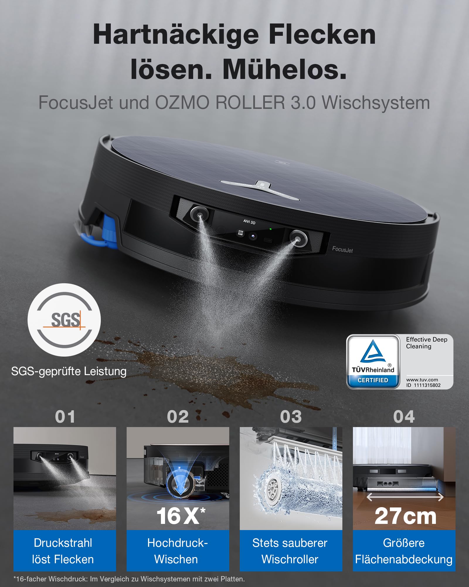 ECOVACS X12 OMNICYCLONE Saugroboter mit Wischfunktion, Blast & 22.000 Pa, FocusJet-System zur Fleckenvorlösung, OZMO Roller 3.0, Ausfahrender Wischmopp, PureCyclone 2.0 Auto-Entleerung, Silberschwarz
