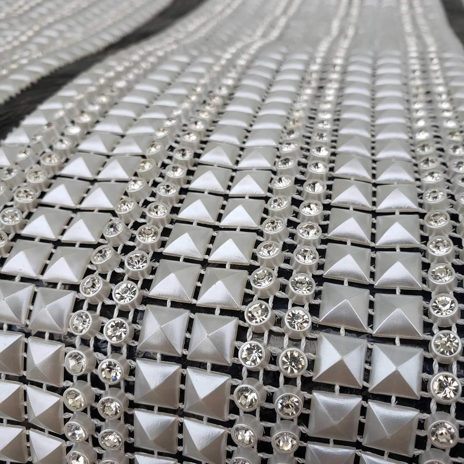 1 Yard Pearl Pyramid Rhinestone Mesh Studs Trim Craft Flatback Ribbon Decorative Craft DIY Accessory Cake Birthday Party Decoration(Pyramid Rhinestone Pearl)