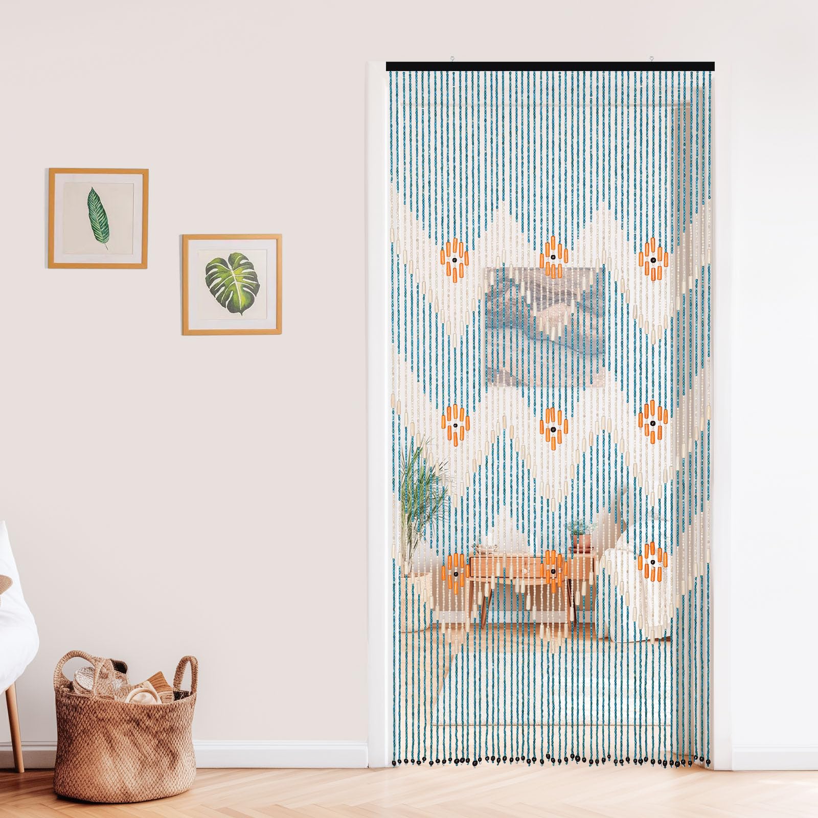 BECHAEO Perlenvorhang für Tür, handgefertigt, Bambus, Holztürperlen, hängende Raumteiler, Hippie-Vorhang für Flur, Fenster, Boho, rustikal, Heim-Shop-Dekor, 80 x 190 cm, Blau