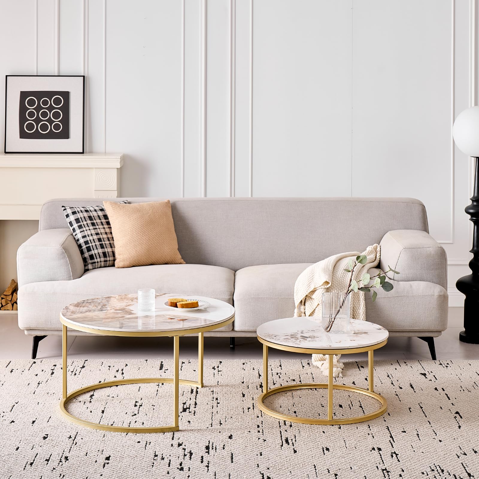 GrandCA HOME Tables Basses Rondes gigognes, Lot de 2 avec Cadre en métal doré pour Salon Moderne, 60 cm et 80 cm Tables d'appoint Pandora en Pierre frittée