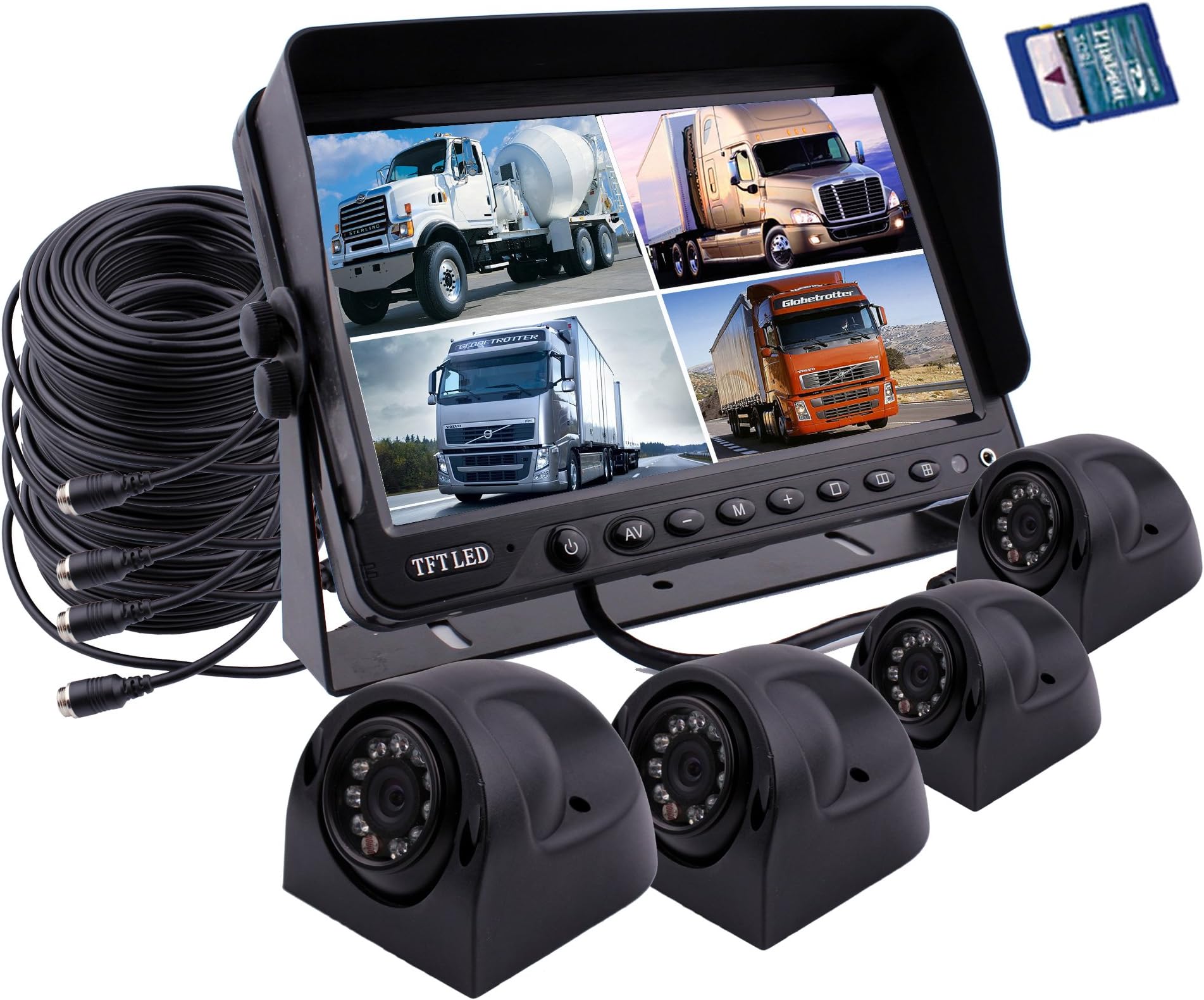Car Backup Camera Safety System 9 inch Monitor Build-in DVR Recorder with Quad Split Screen Rear View Camera System Kit Color Side View Camera for Truck Van Caravan Trailers Camper Bus RV