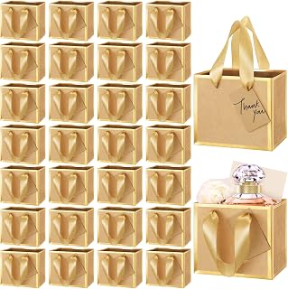 Yeaqee 50 Pcs Mini Metallic Foil Gift Bags with Handles 4x4.75x2.25'' Tiny Thank You Favor Bag with Tag for Fall Thanksgiving Halloween Christmas Wedding Baby Shower Birthday Party(Kraft, Gold)