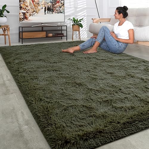 Rtizon Alfombra suave de pelo largo para sala de estar, alfombras esponjosas de 5 x 8 pies con parte inferior antideslizante para dormitorio, mesita