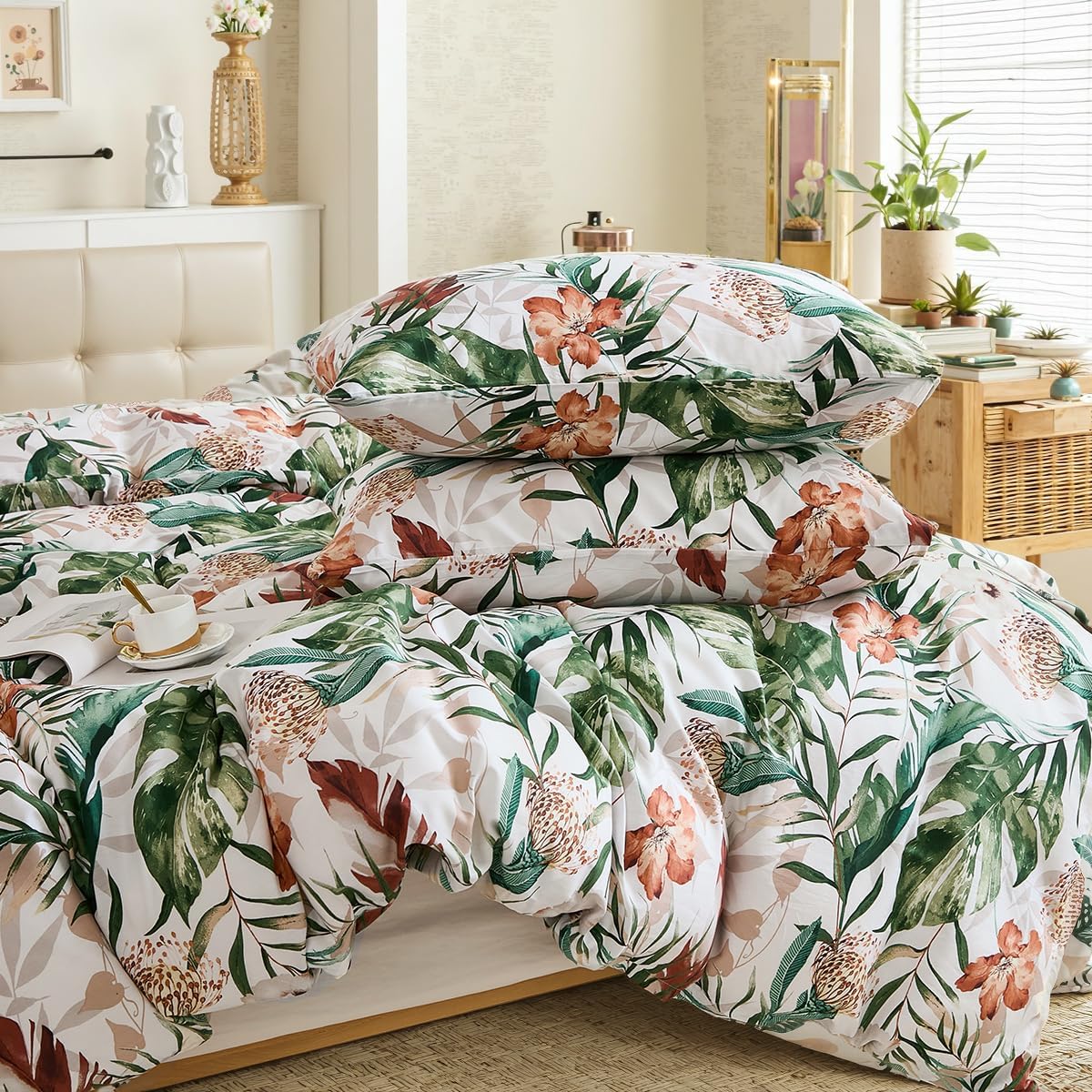 Bedding_Dreamer 100% Cotton Comforter Set Floral King Bedding Green Palm Leaf Comforter Set Botanical Home Decor 3 Pcs with 2 Pillowcases Reversible for All Season - Image 7