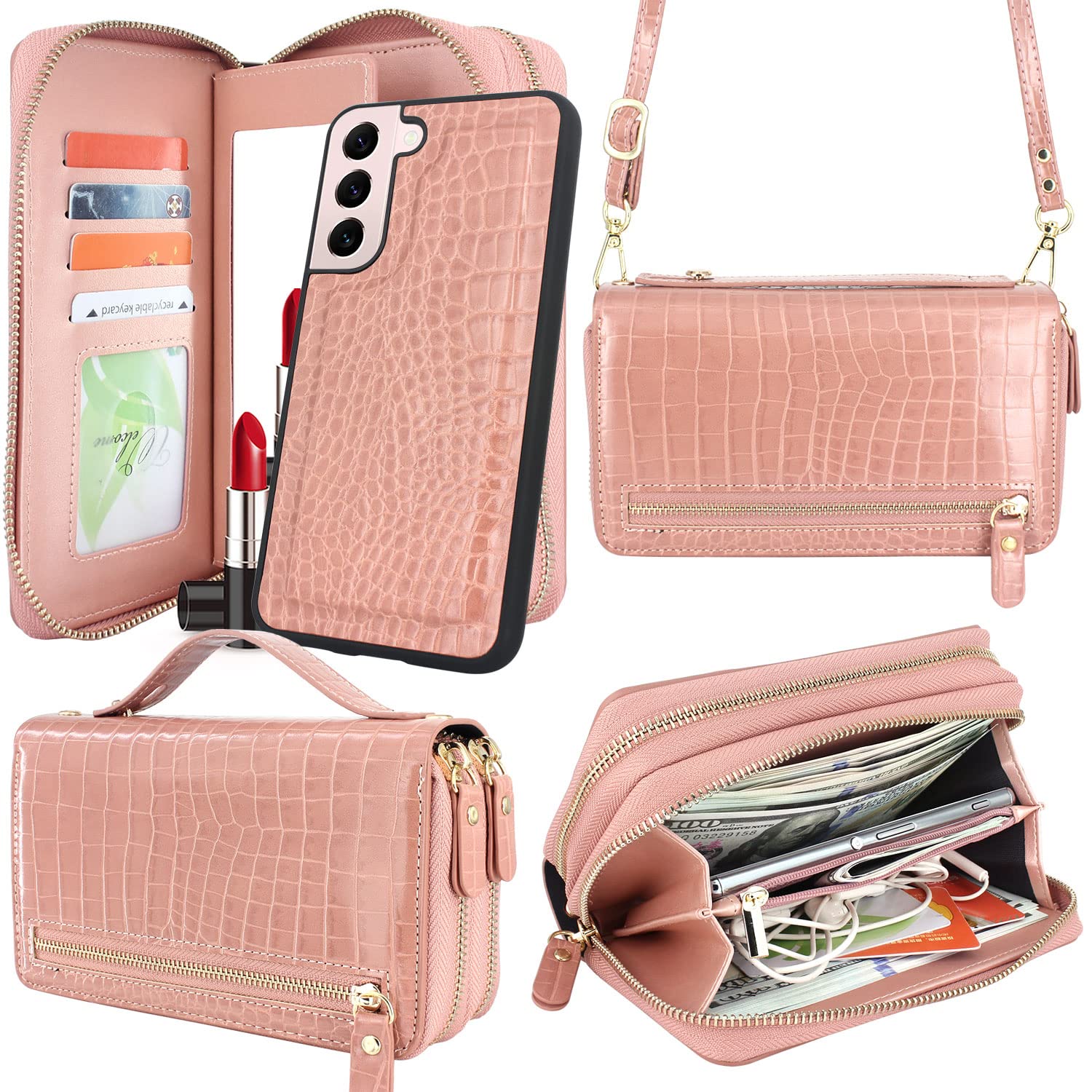 Harryshell Compatible with Samsung Galaxy S22+ S22 Plus 5G 6.6" Case Wallet Multi Zipper Detachable Magnetic Cover Purse Bag Card Slots Holder Mirror Crossbody Wrist Strap (Crocodile Skin Rose Gold)