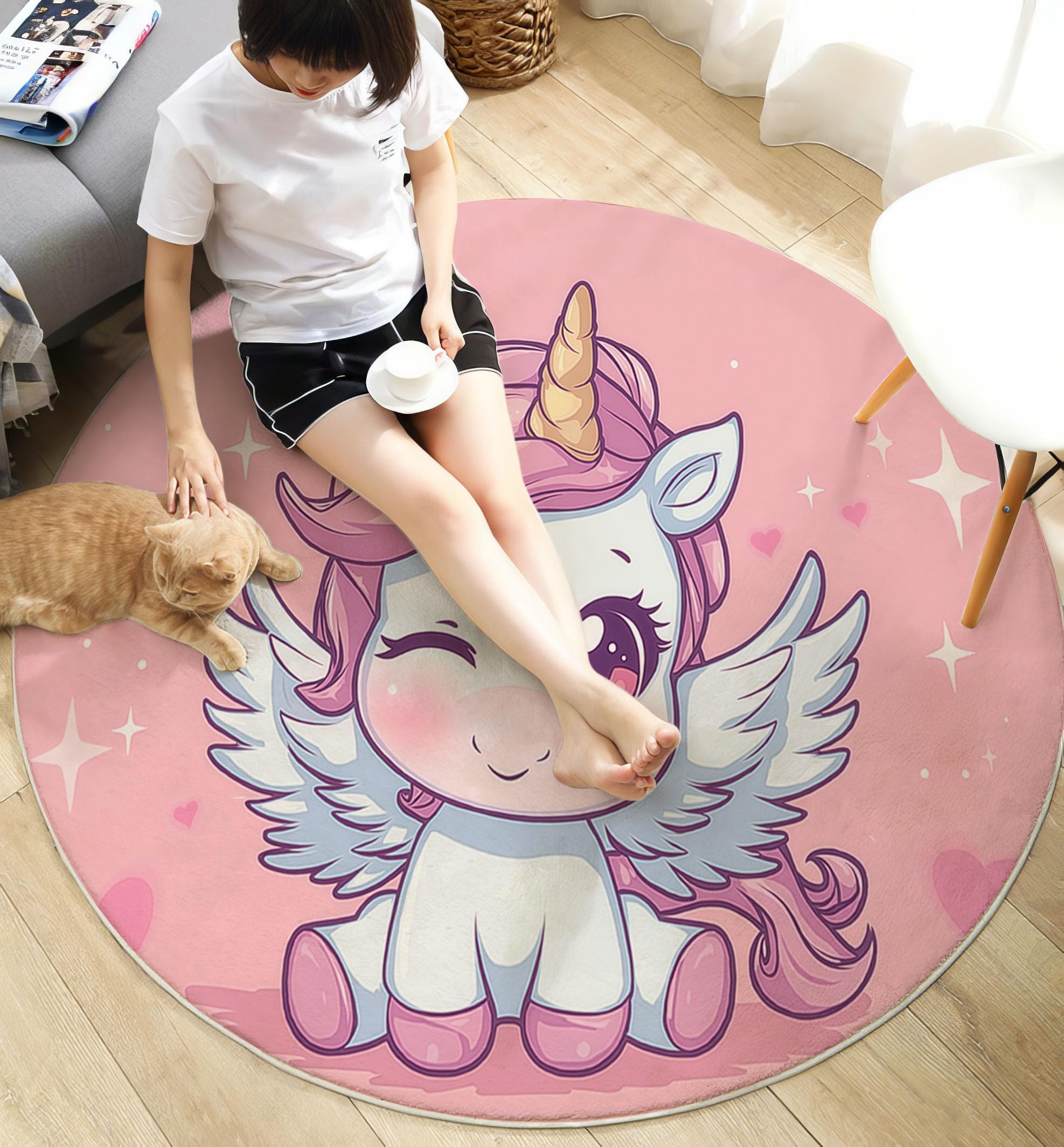 Kinderteppich Rund, Rosa Niedlicher Cartoon-Stil Süßes Einhorn, Kurzflor Waschbarer Teppich Extra Weich und Antiallergen für Jungen und Mädchen Spielzimmer 100cm