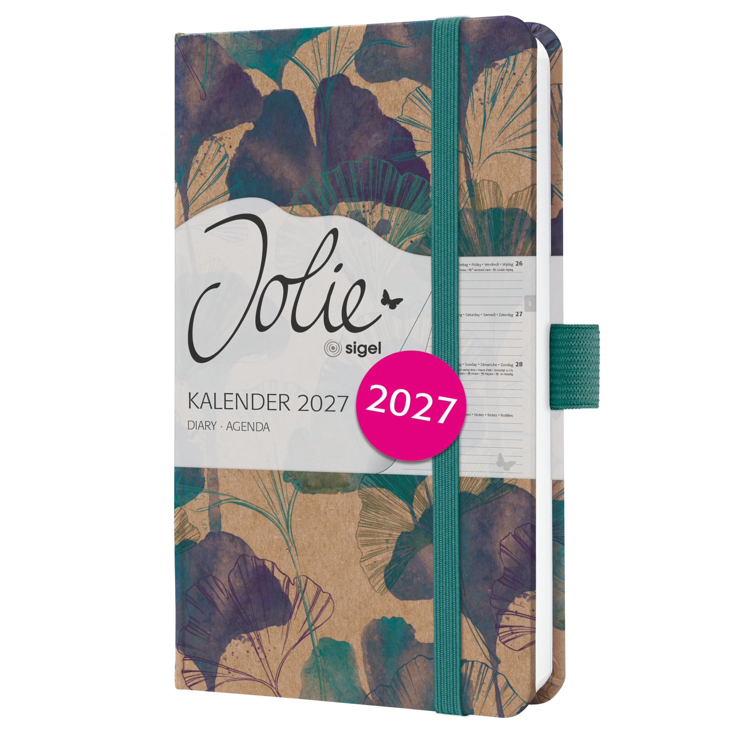 SIGEL 7J808 Weekly planner Jolie 2027-1 year - approx. A6 - Moonlight Ginkgo - 2 pages = 1 week - hardcover - 80 gsm - brown/blue/turquoise - 174 p. - FSC-certified