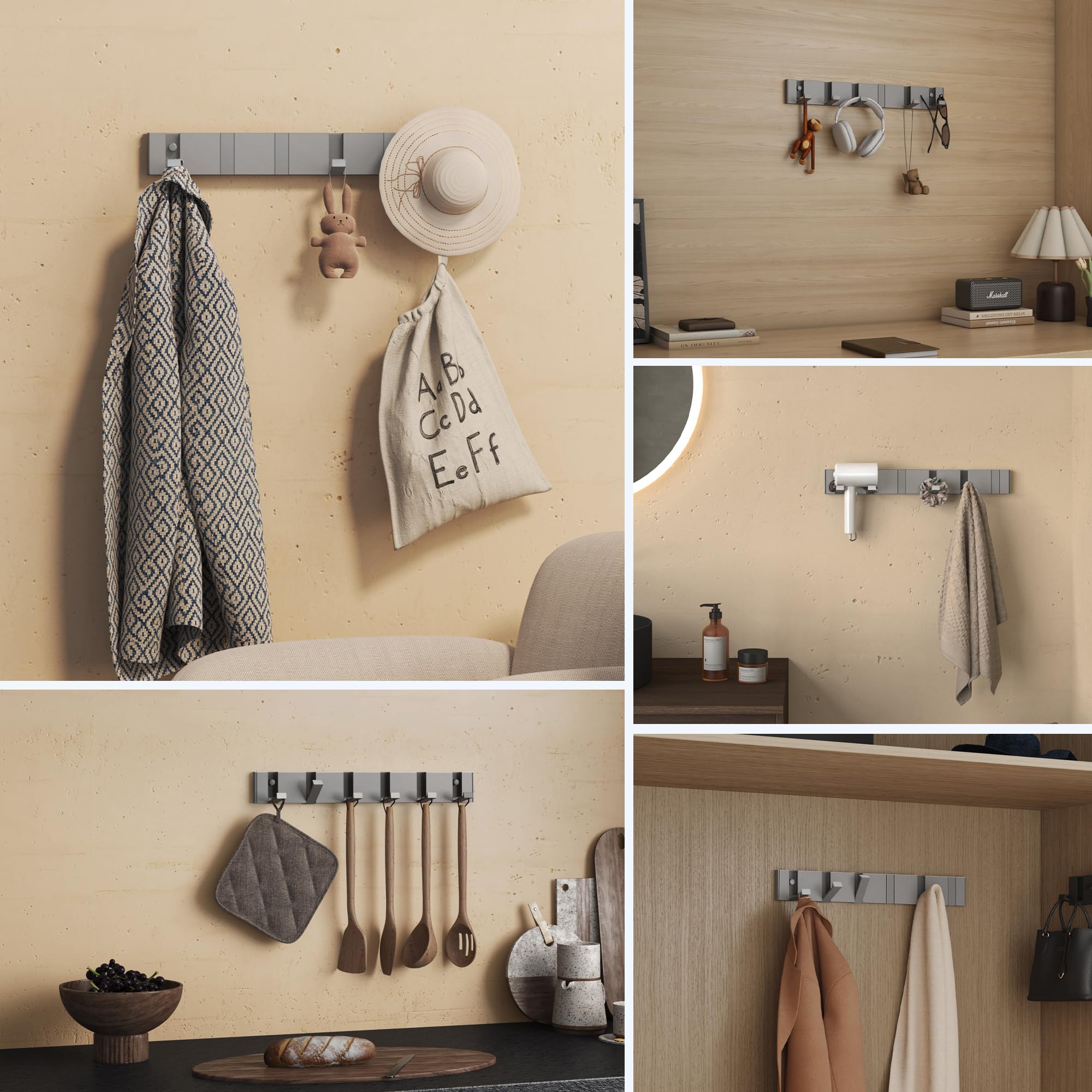 doporro Perchero de Pared de Aluminio Plegable con 4 Ganchos Móviles, Diseño Moderno, Ganchos de Pared Grises para Ropa, Toallas, Baño o Entrada，Wandgarderoben01