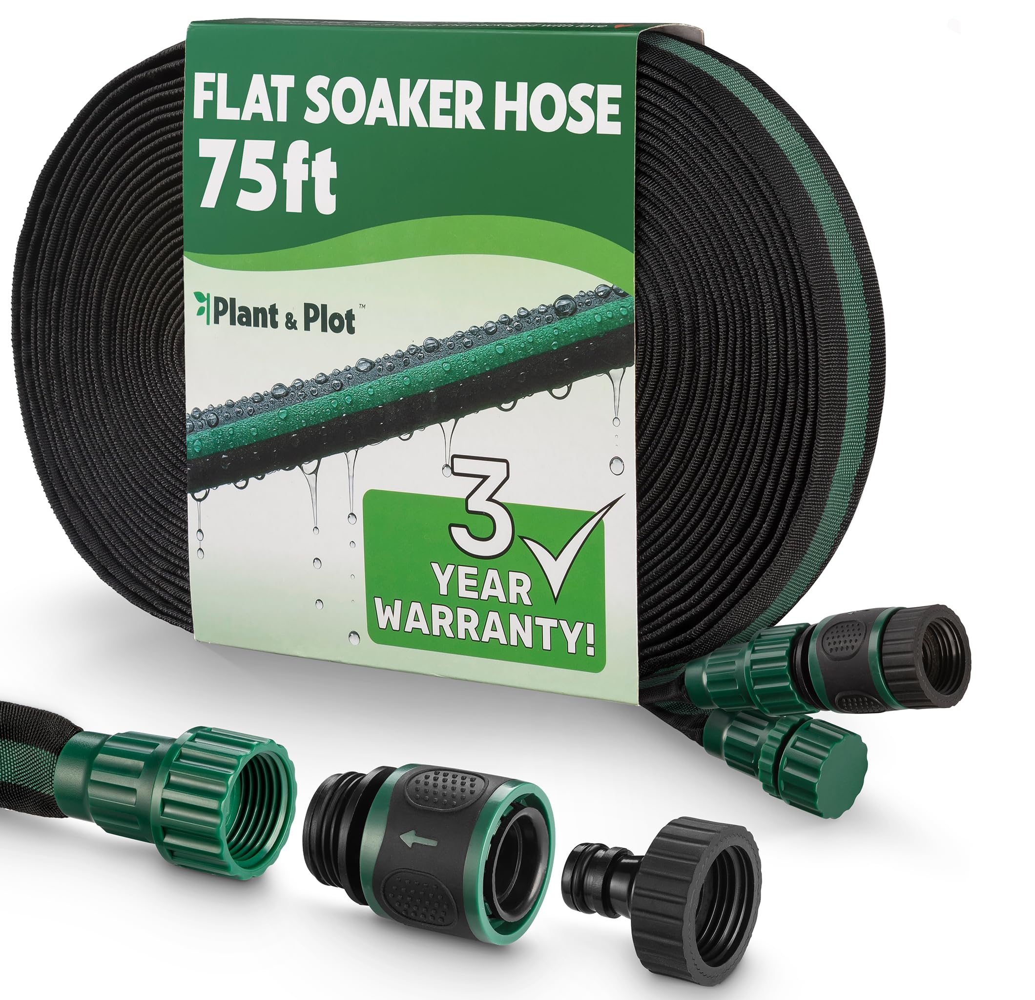 Flat Soaker Hose 75ft for Garden // Drip Hose for Garden Beds, Lawns and Trees // Heavy Duty Leakproof Design with Quick Connect // Linkable Irrigation System for Vegetables and Flowers