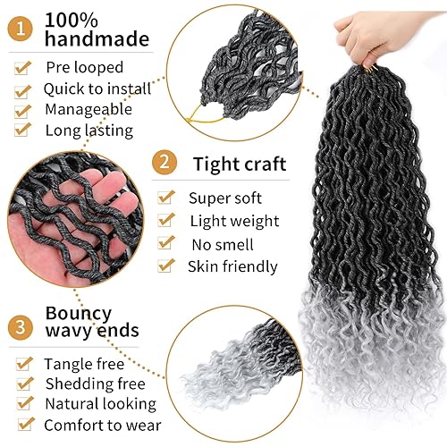 Miniatura 3 de Rastas de cabello sintético de ganchillo de 18 pulgadas, 6 paquetes de rastas de diosa gris degradado, cabello de ganchillo preanudado con extremos