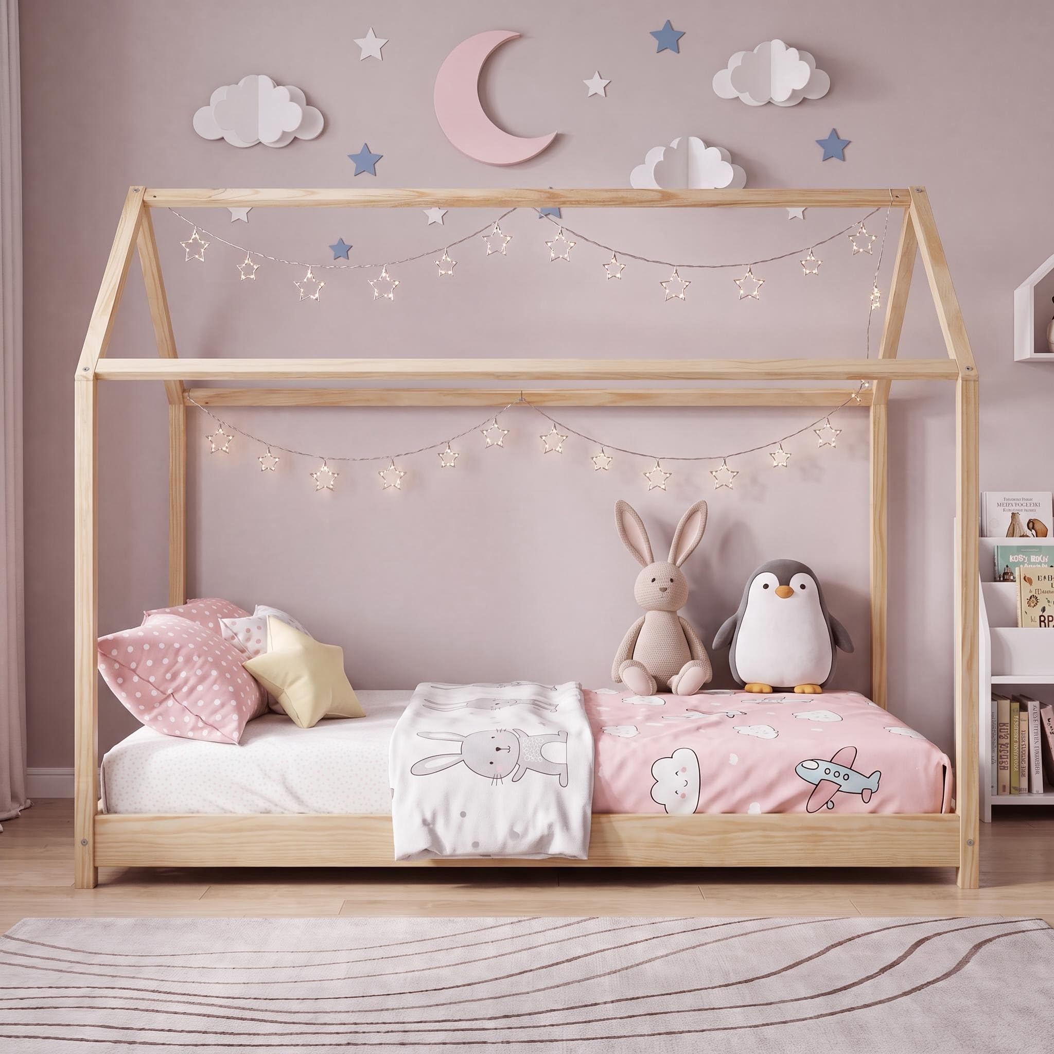Panana Wooden Kids House Bed Frame, Solid Pine WoodTreehouse Style Childrens Floor Bed Frame for Toddlers and Children (Wood)