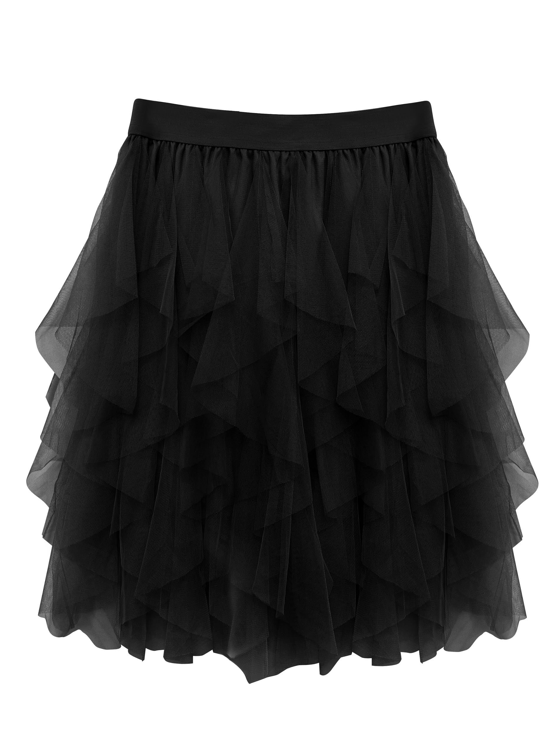 Wikoan Tulle Skirt Women Multilayer Mesh Irregular Pleated Knee-Length Festival Party Skirt for Halloween Christmas Daily,Black,L-XL