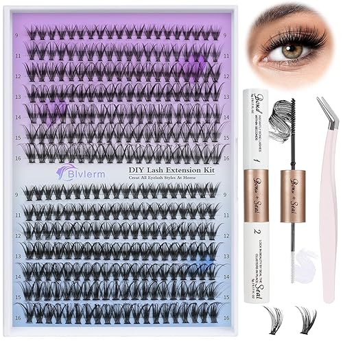 DIY Eyelash Extension Kit 280pcs Individual Cluster Lashes D Curl, 9-16MM MIX Lash Clusters with Super Hold Bond and Seal, Lash Applicator Tool Lash