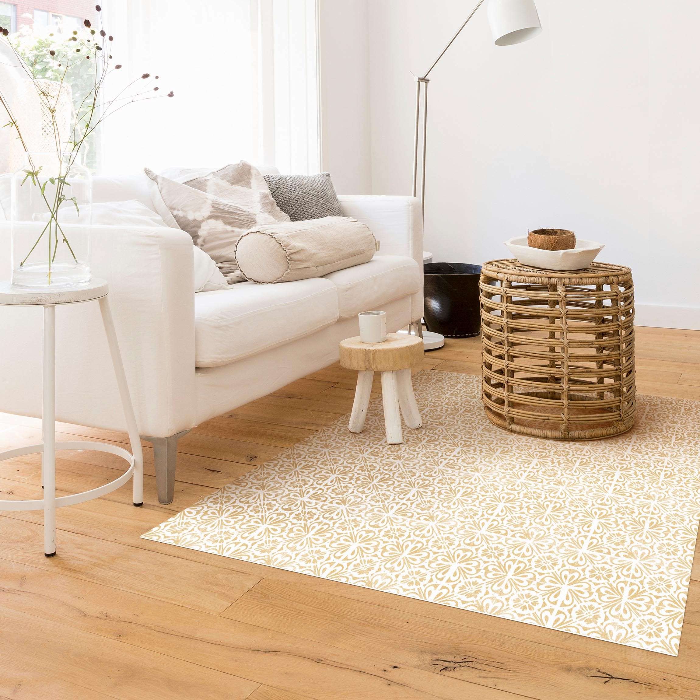 Vinylteppich nass abwischbar Muster Bodenschutz - Made in Germany - Teppich Fliesenoptik 2,2mm dünne Vinyl Bodenmatte beige Küche Flur trittsichere Matte 6696 (240x240cm)