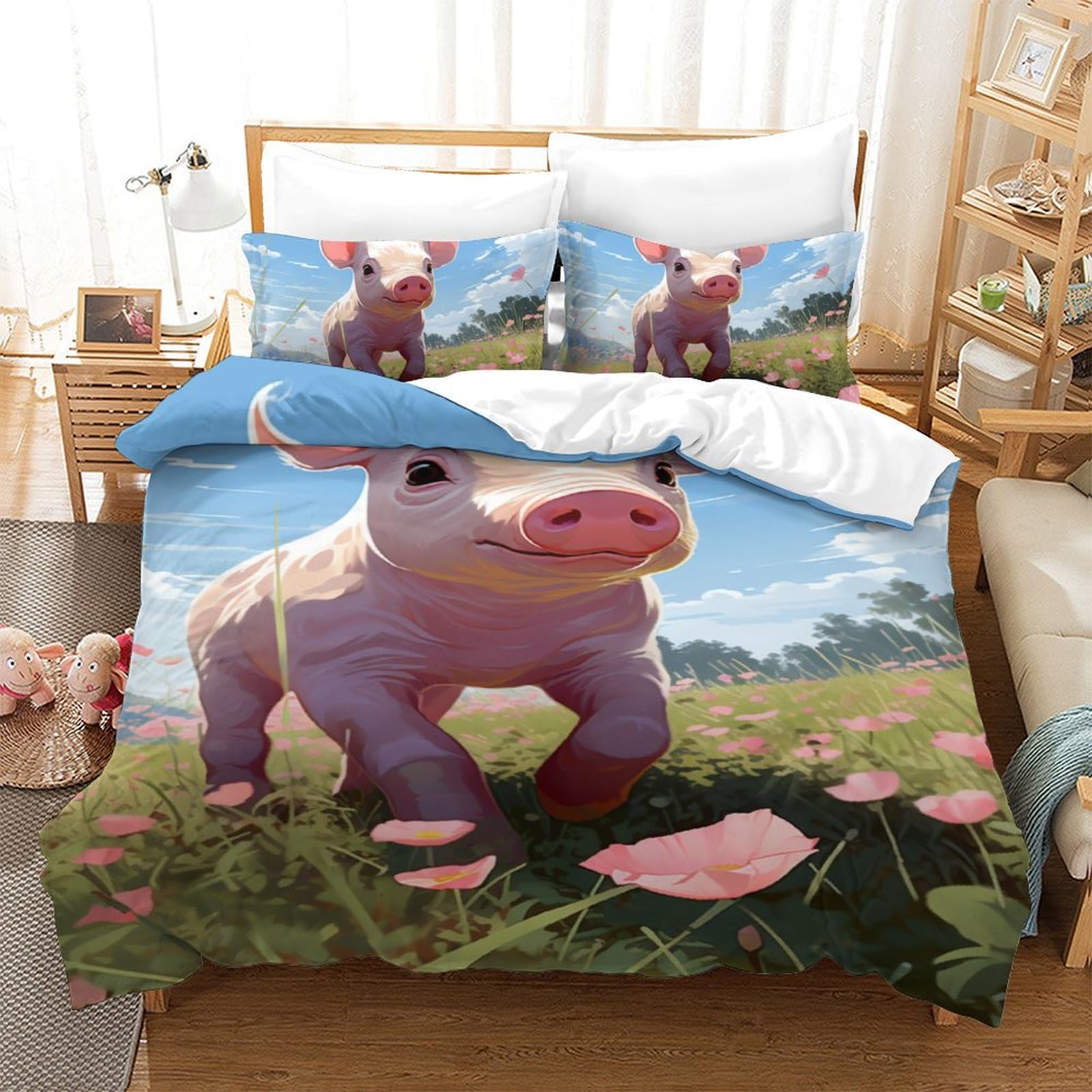 Linge de lit enfant cochon 3D hypoallergénique avec fermeture éclair pour un entretien facile