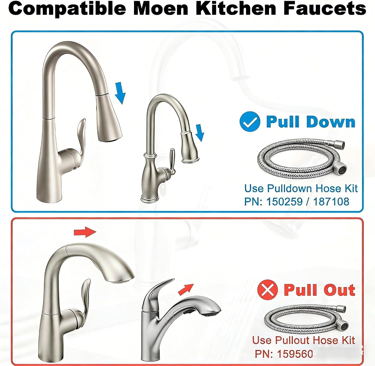 150259 Pull Down Faucet Hose Kit Compatible with Moen Kitchen Faucets, 68 Inch Moen Faucet Replacement Part 187108, Reflex Pull Down Sprayer Hose with Brass Connector, NSF Certified Food Grade