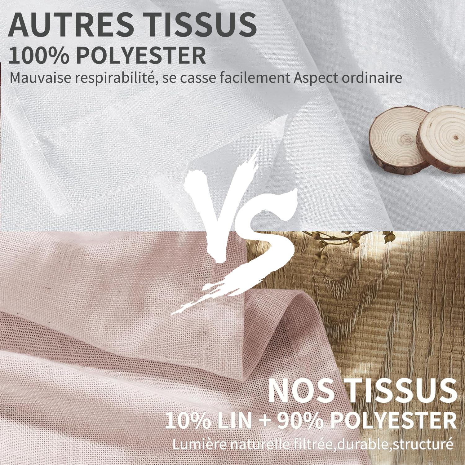 CUCRAF Rideau avec Oeillets Voilage Lin Semi-Transparent, Vieux Rose 140x245cm Lot de 2