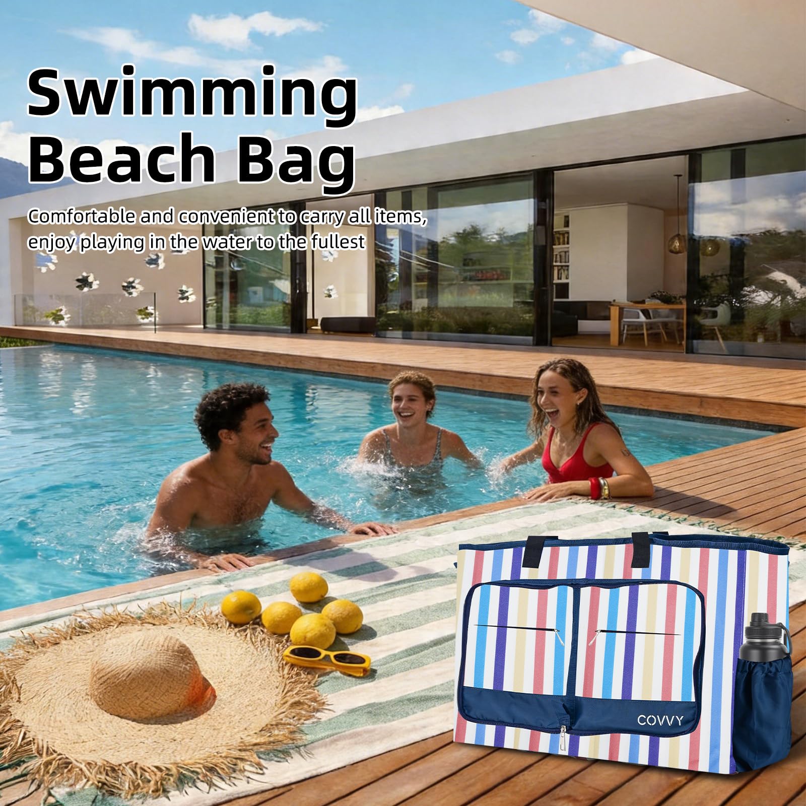 Bolso de playa COVVY, extra grande para mujer, con cierre de cremallera, impermeable, con funda para teléfono, abrebotellas, múltiples bolsillos, resistente al agua, a prueba de arena, plegable