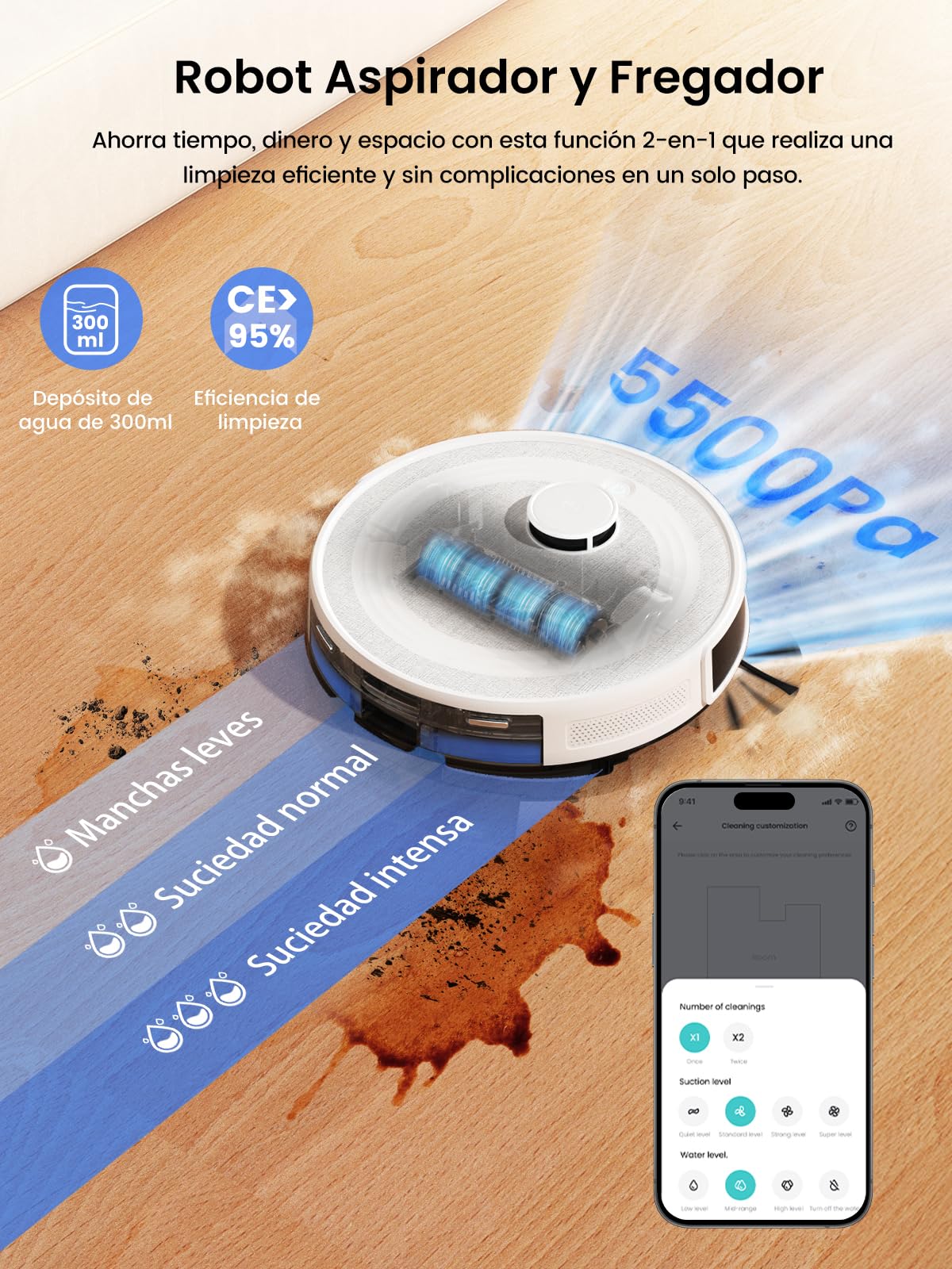 Lefant M2Pro Robot Aspirador 5500Pa, Aspirador Robot con Estación de Vaciado Automático de Polvo, Robot Aspirador y Fregador con Navegación Láser y Mapeo, Evitación de Obstáculos PSD, mascotas, Blanco