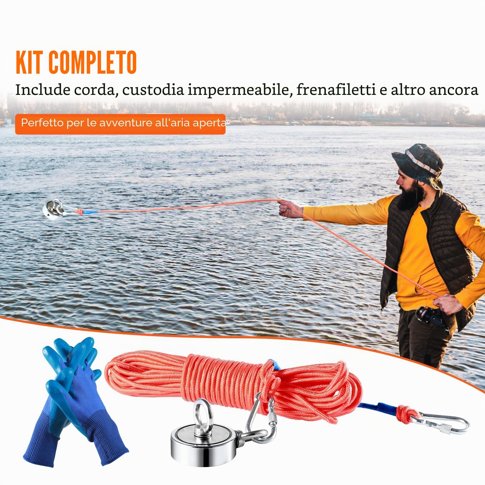 VEVOR Kit da Pesca con Magnete Bifacciale Capacità Carico max. 272x2kg in Totale, Kit da Pesca con Magnete al Neodimio con Corda, Kit di Magnete a Doppia Faccia per Pesca Caccia al Tesoro Sott'Acqua