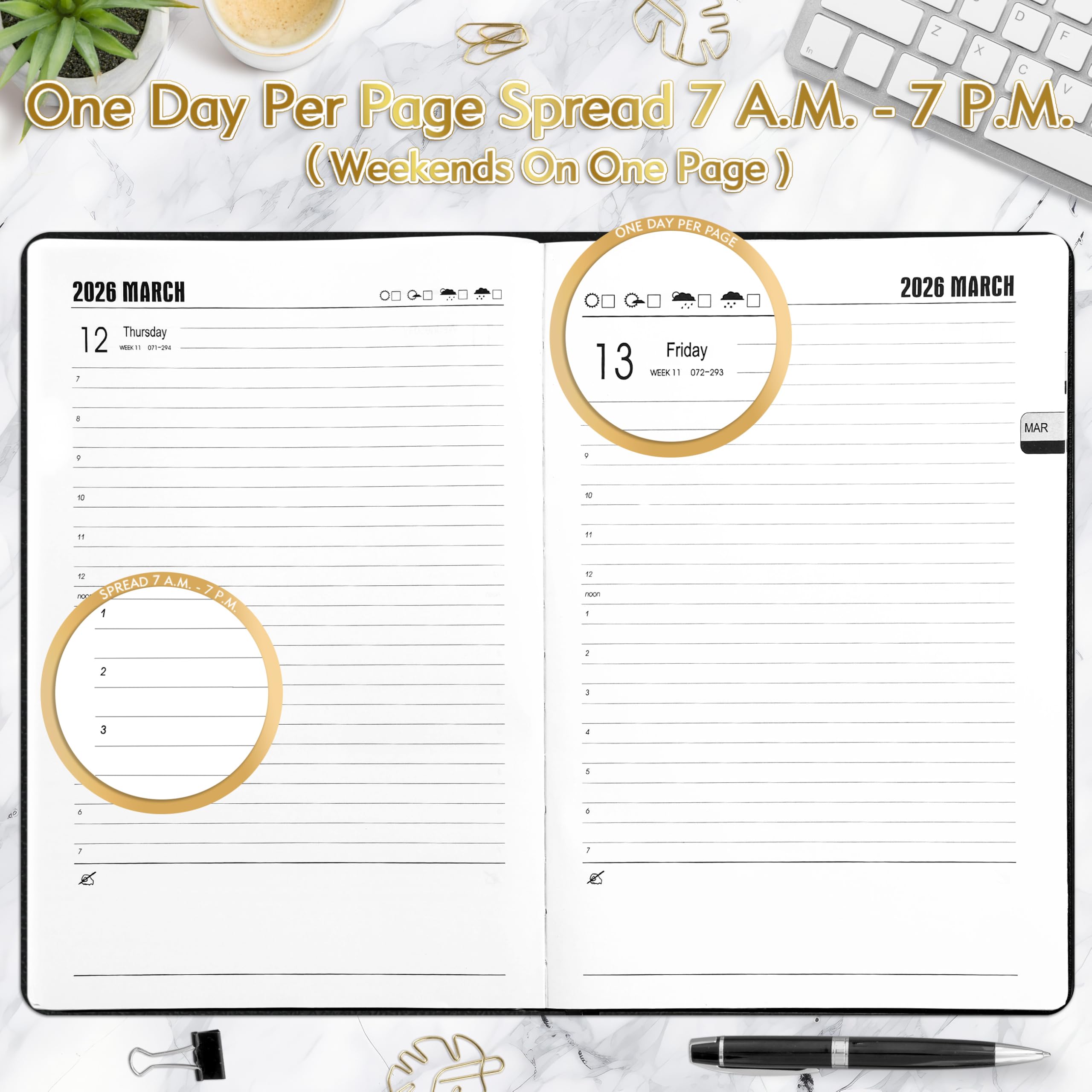 KESOTE Large Daily Hourly Planner 2026 - One Page a Day, 2026 Diary 8.5 x 11" Hardcover Weekly Monthly Agenda 12 Month, A4 Diary Notebook Planner Christmas Gift, Black
