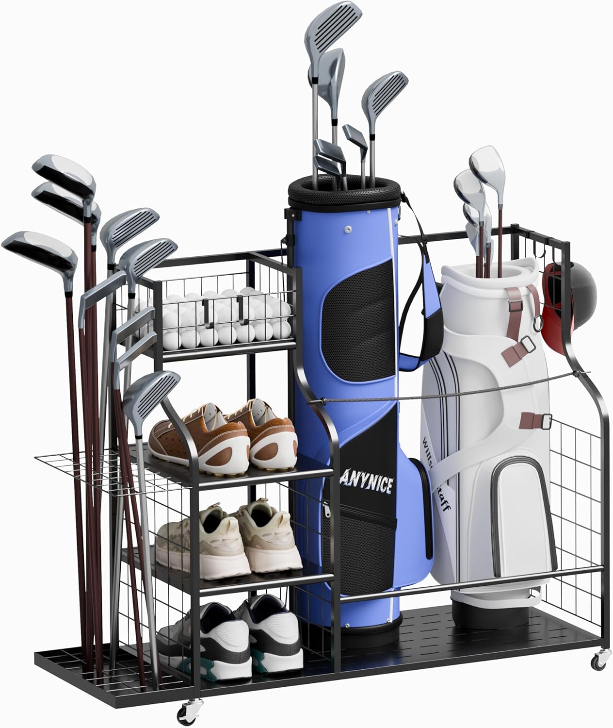 Golf Bag Storage Organizer with Wheels, Garage Golf Equipment Rack for 2 Golf Bags, Clubs, Shoes & Accessories Heavy Duty Metal Stand for Garage, Basement, Home or Shed
